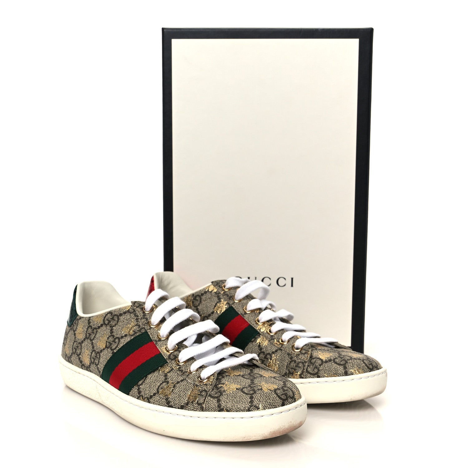 GG Supreme Monogram Bees Ayers Web Womens Ace Sneakers 37 Beige Oro Green Red