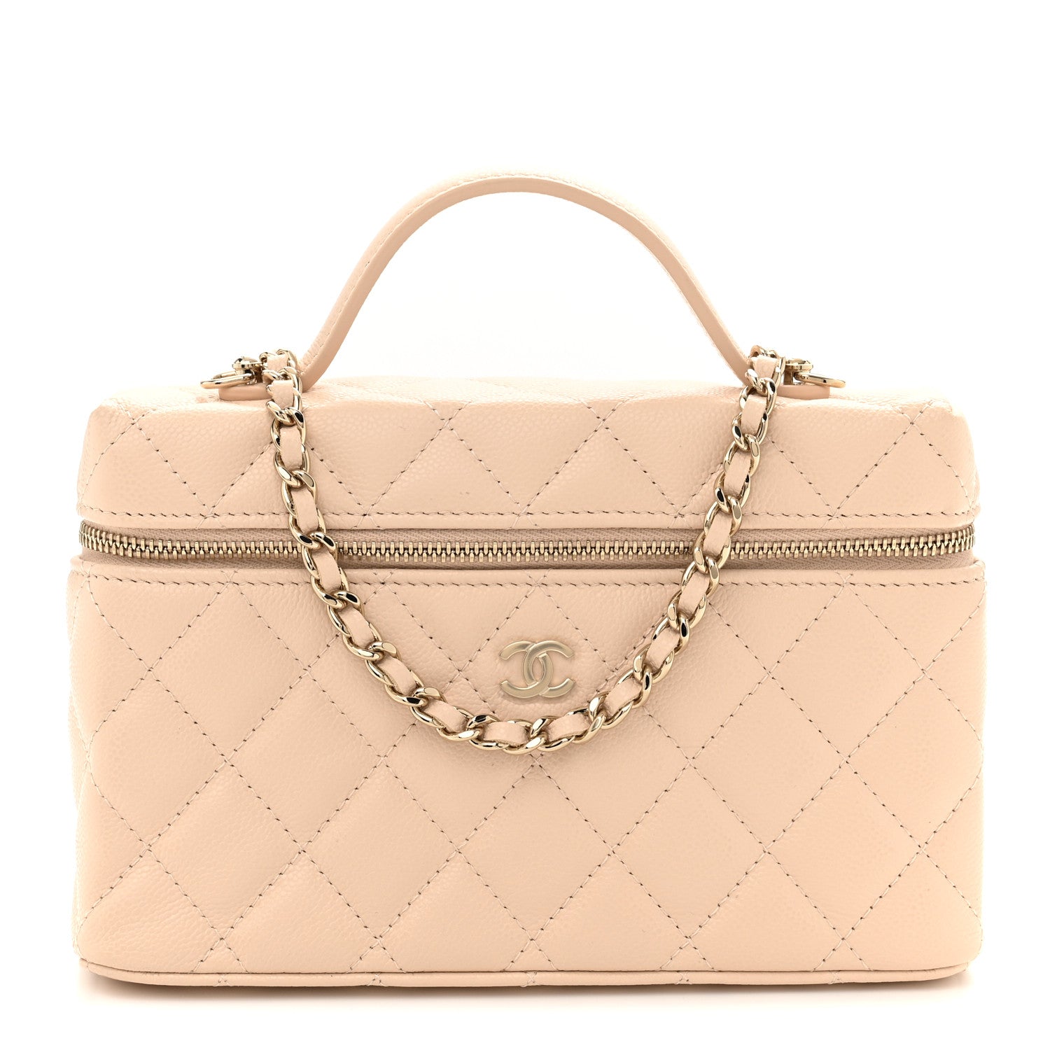 Caviar Quilted Top Handle Slim Vanity With Chain Beige