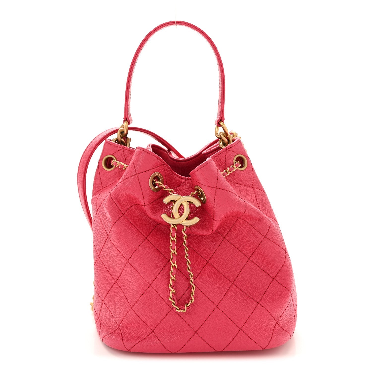 Caviar Quilted Fashion Therapy Bucket Drawstring Bag Dark Pink