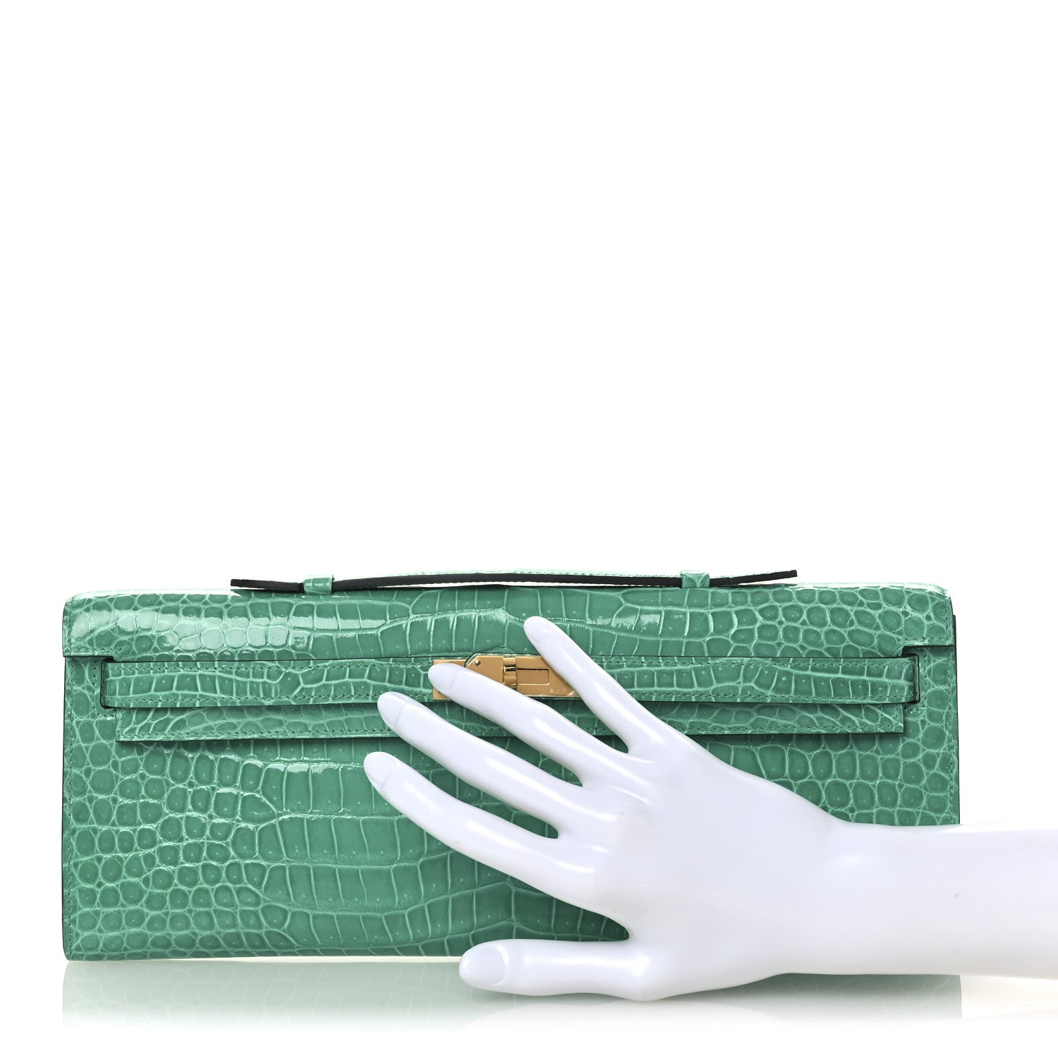 Shiny Porosus Crocodile Kelly Cut Pochette Vert Jade