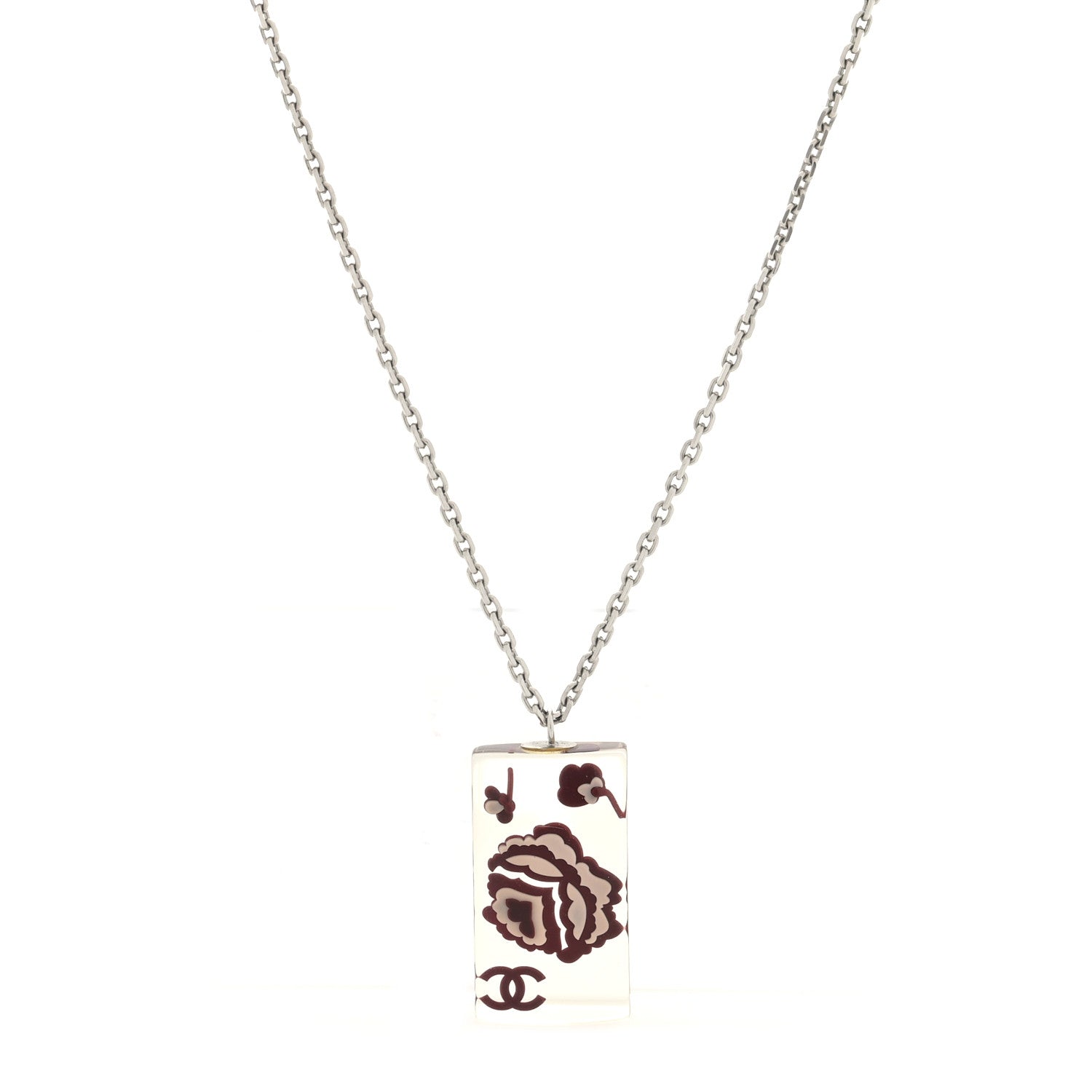 Metal Resin Camellia CC Chain Necklace Silver