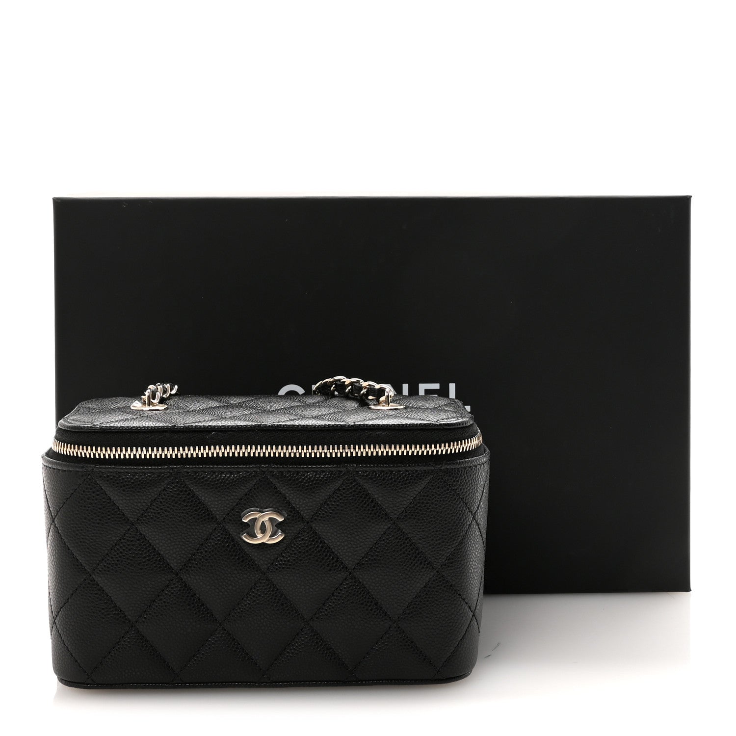 Caviar Quilted Small Vanity Case With Chain Black