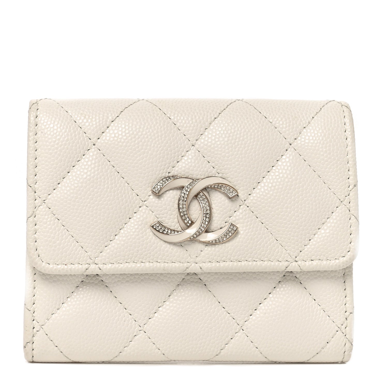 Caviar Quilted Crystal Enamel CC Flap Card Holder White