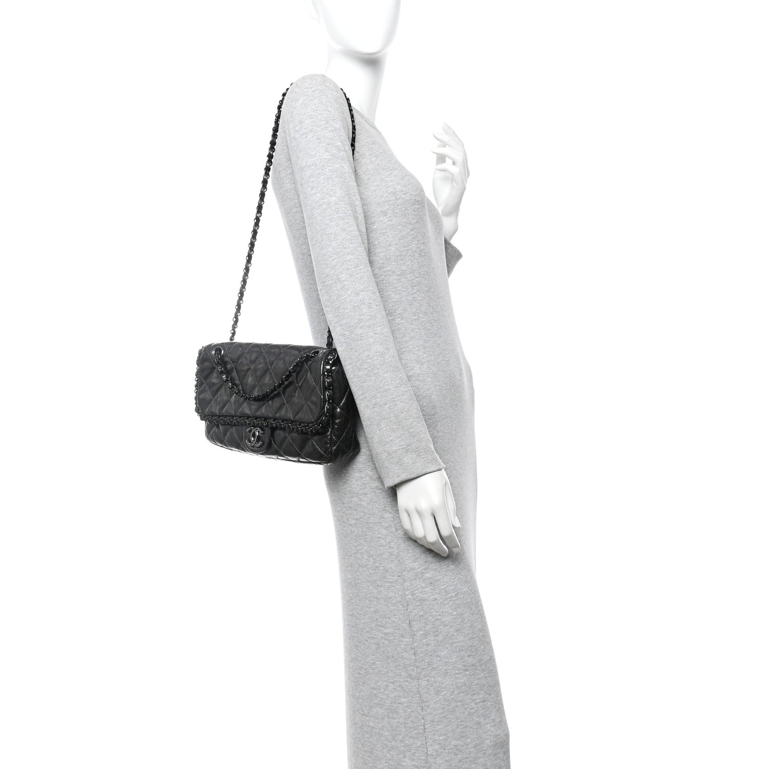 Metallic Calfskin Quilted Medium Chain Me Flap Grey