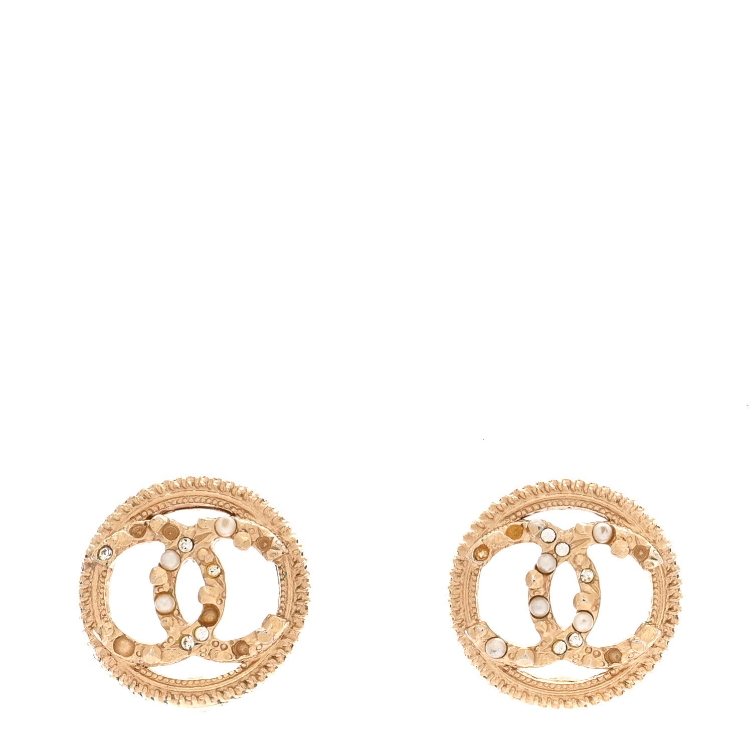 Pearl Crystal CC Round Earrings Gold