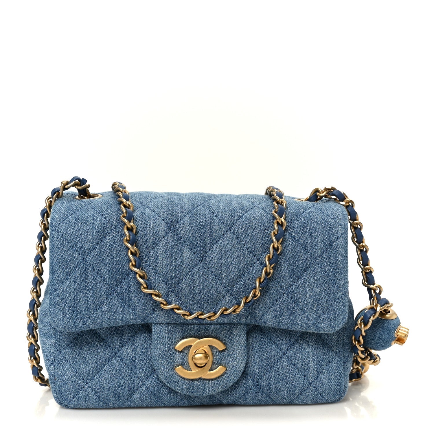 Denim Quilted Mini Pearl Crush Flap Blue