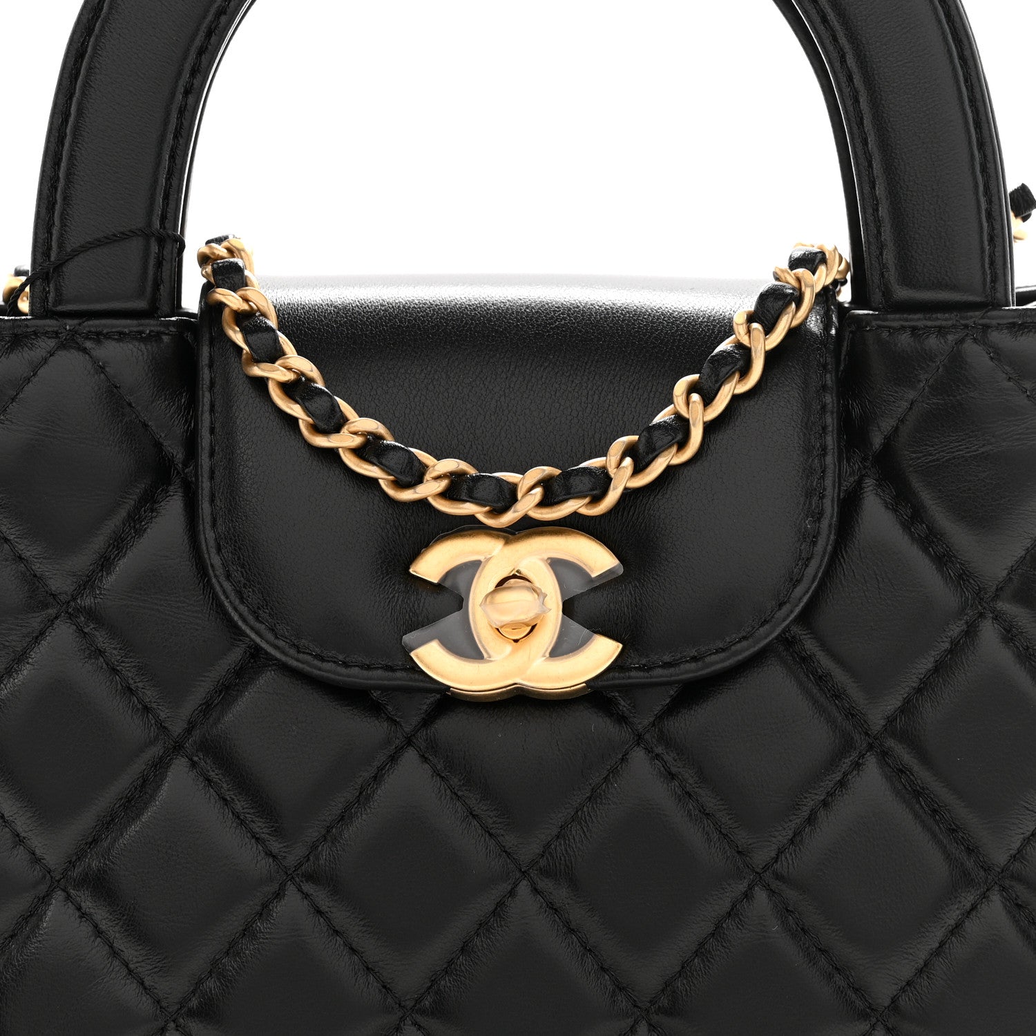 Shiny Aged Calfskin Quilted Nano Kelly Shopper Black
