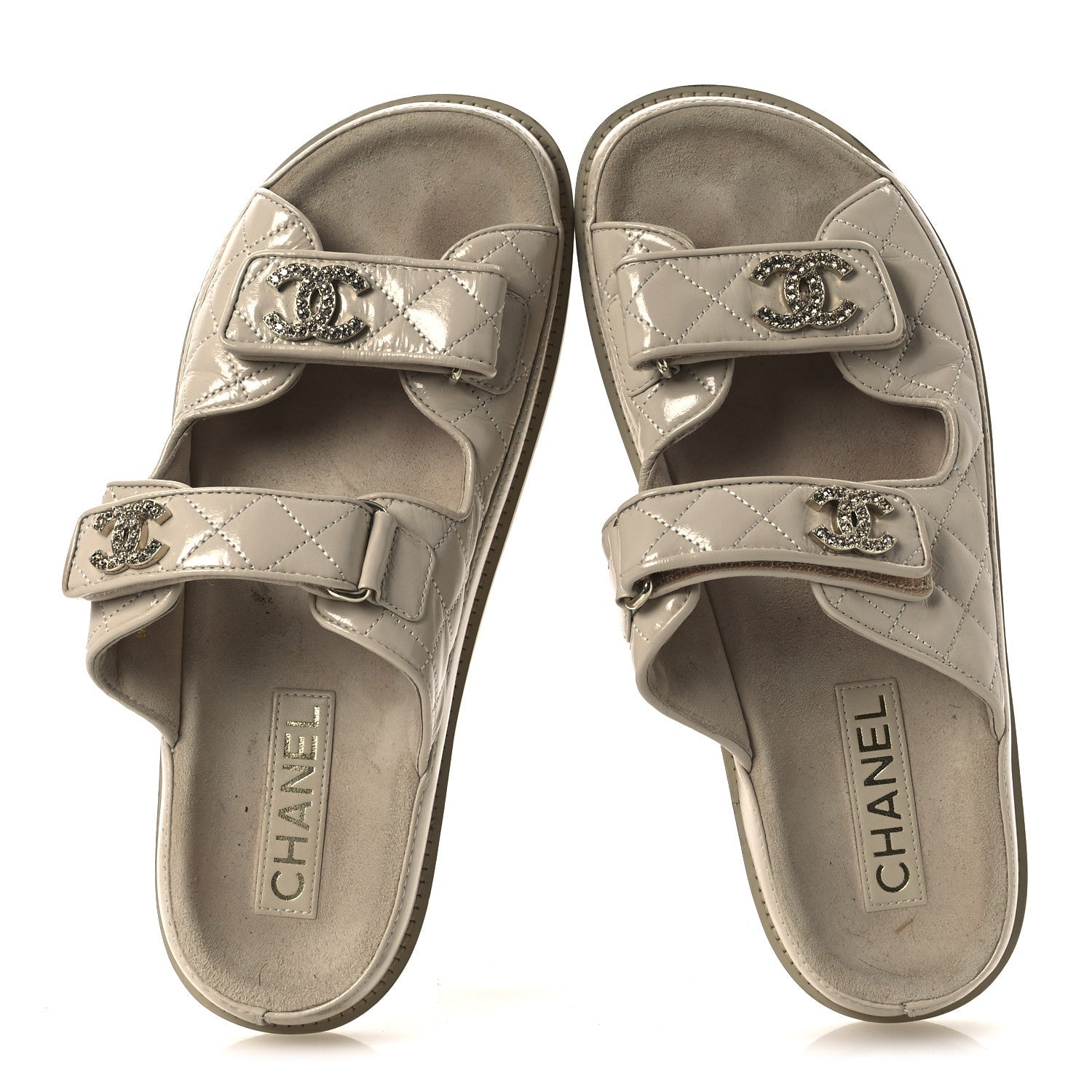 Shiny Calfskin Quilted Velcro Dad Crystal CC Slide Sandals 39 Beige