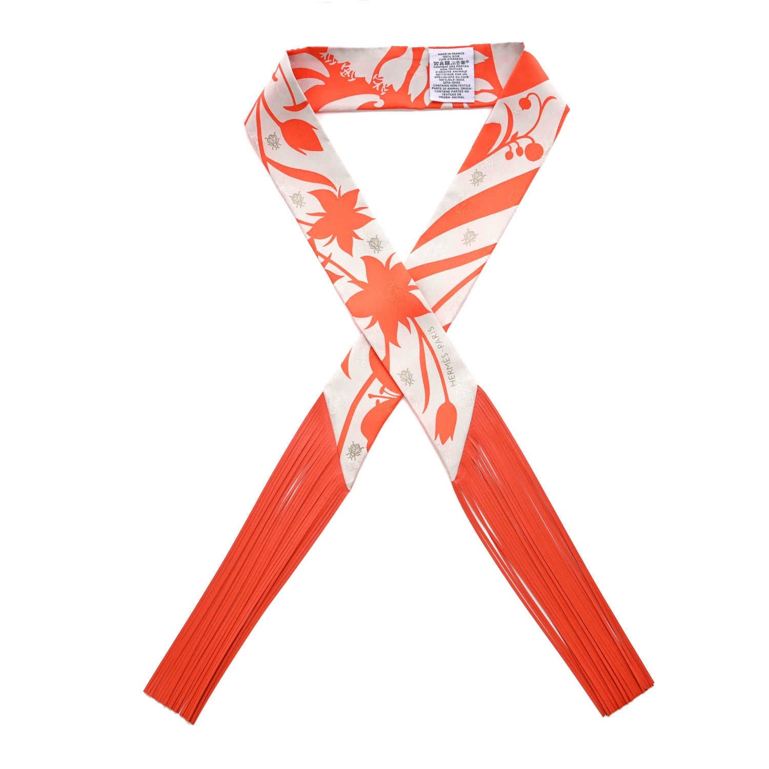 Silk Calfskin Bouquet Final Fringed Twilly Orange Gris Perle Vermillion