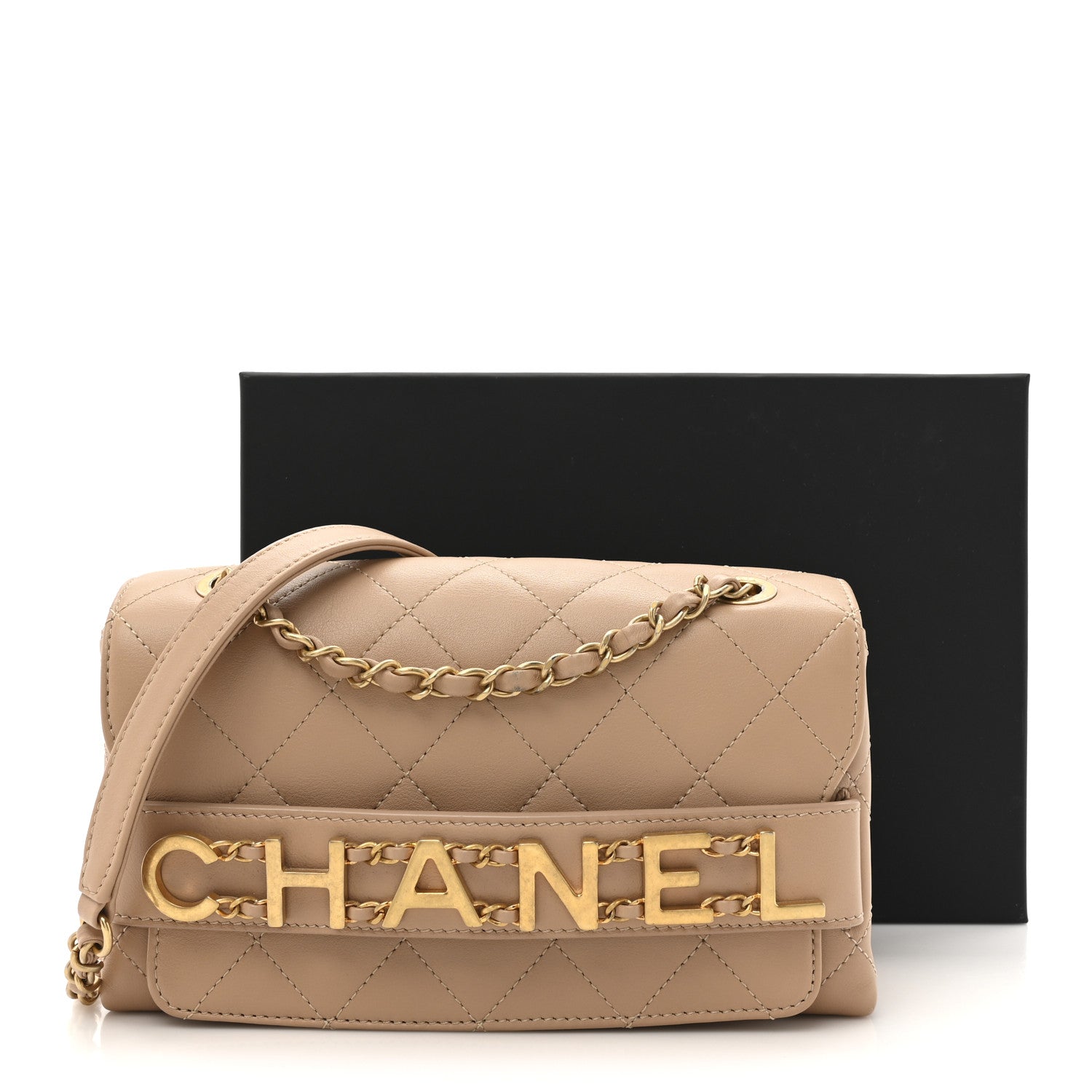 Calfskin Quilted Small Enchained Flap Beige