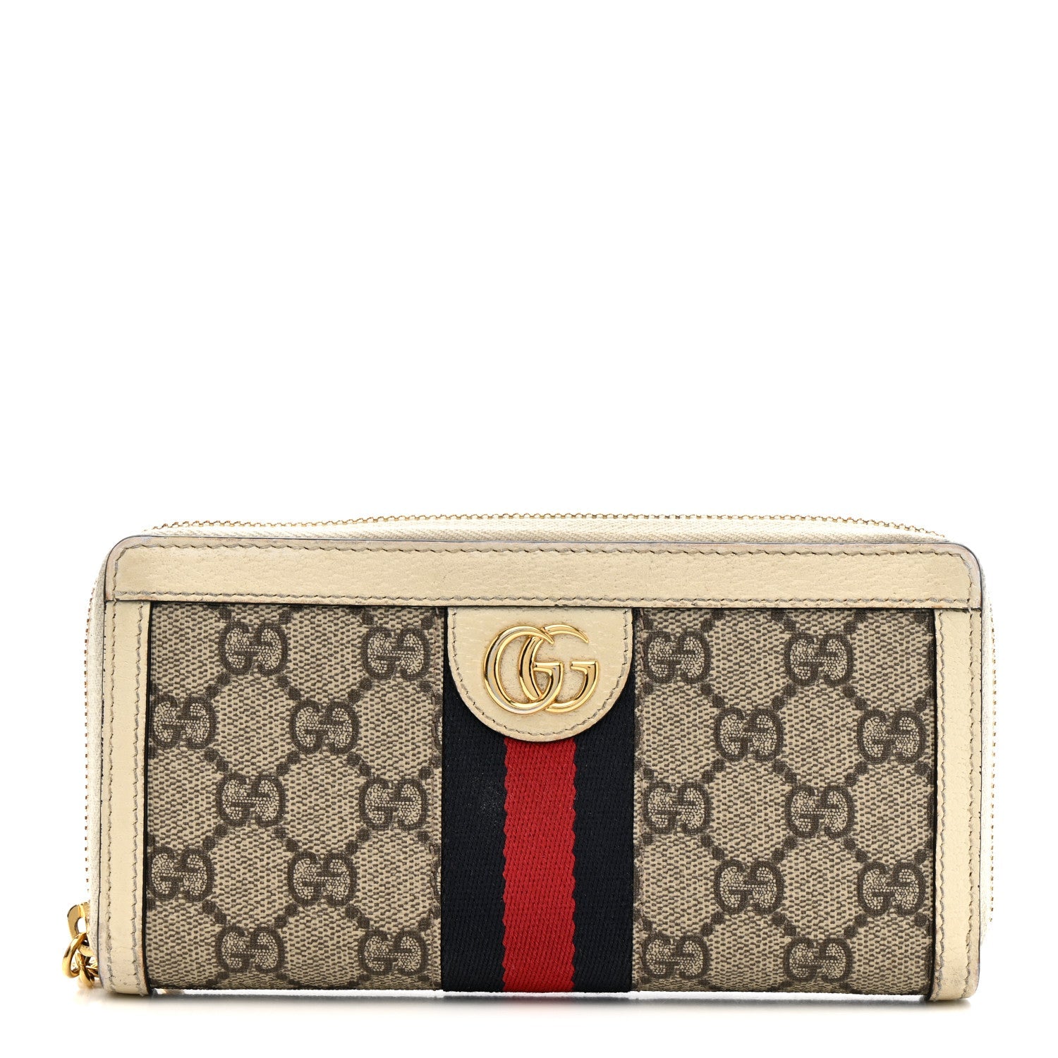 GG Supreme Monogram Textured Dollar Calfskin Web Ophidia Zip Around Wallet Beige Ebony Mystic White