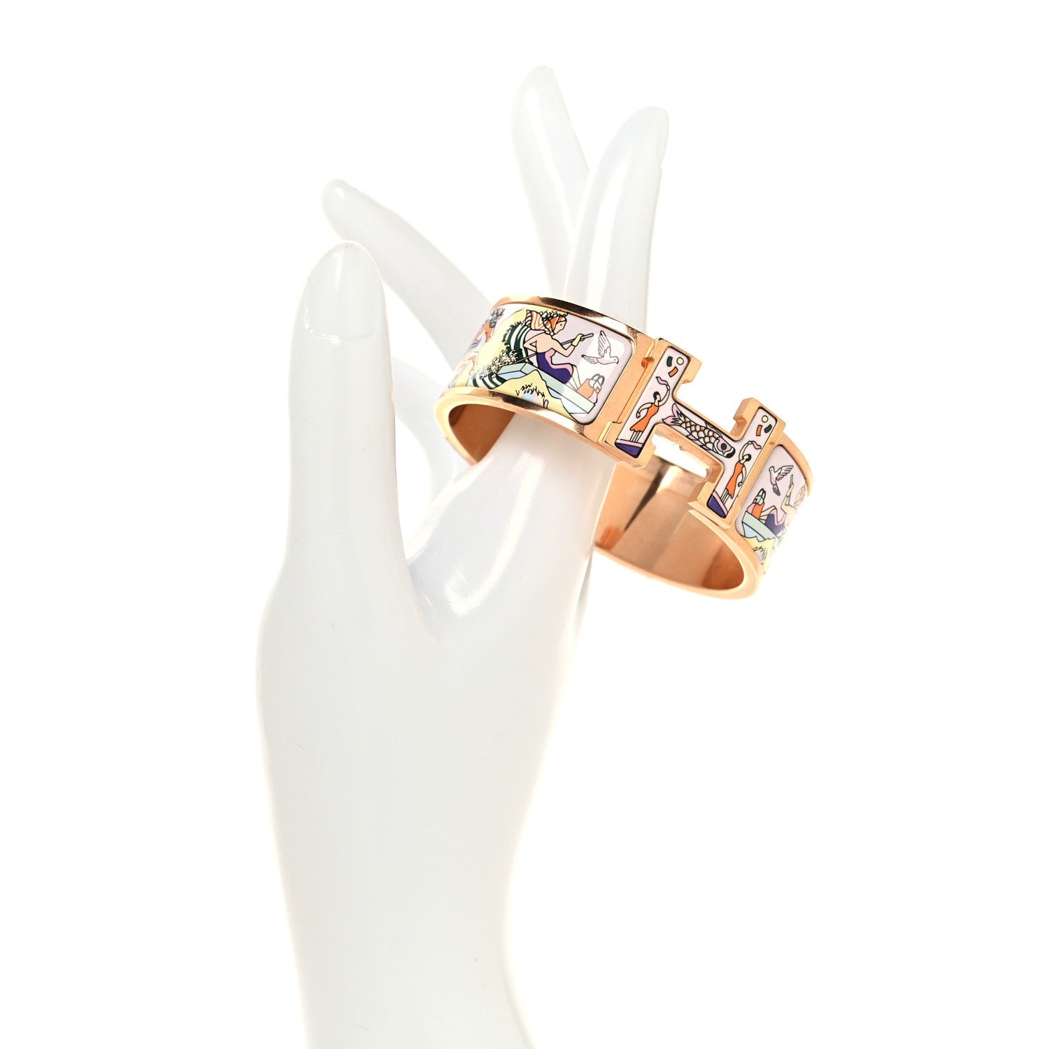 Enamel Printed Wide L'Epopee d'Hermes Clic Clac H Bracelet GM Rose Dragee