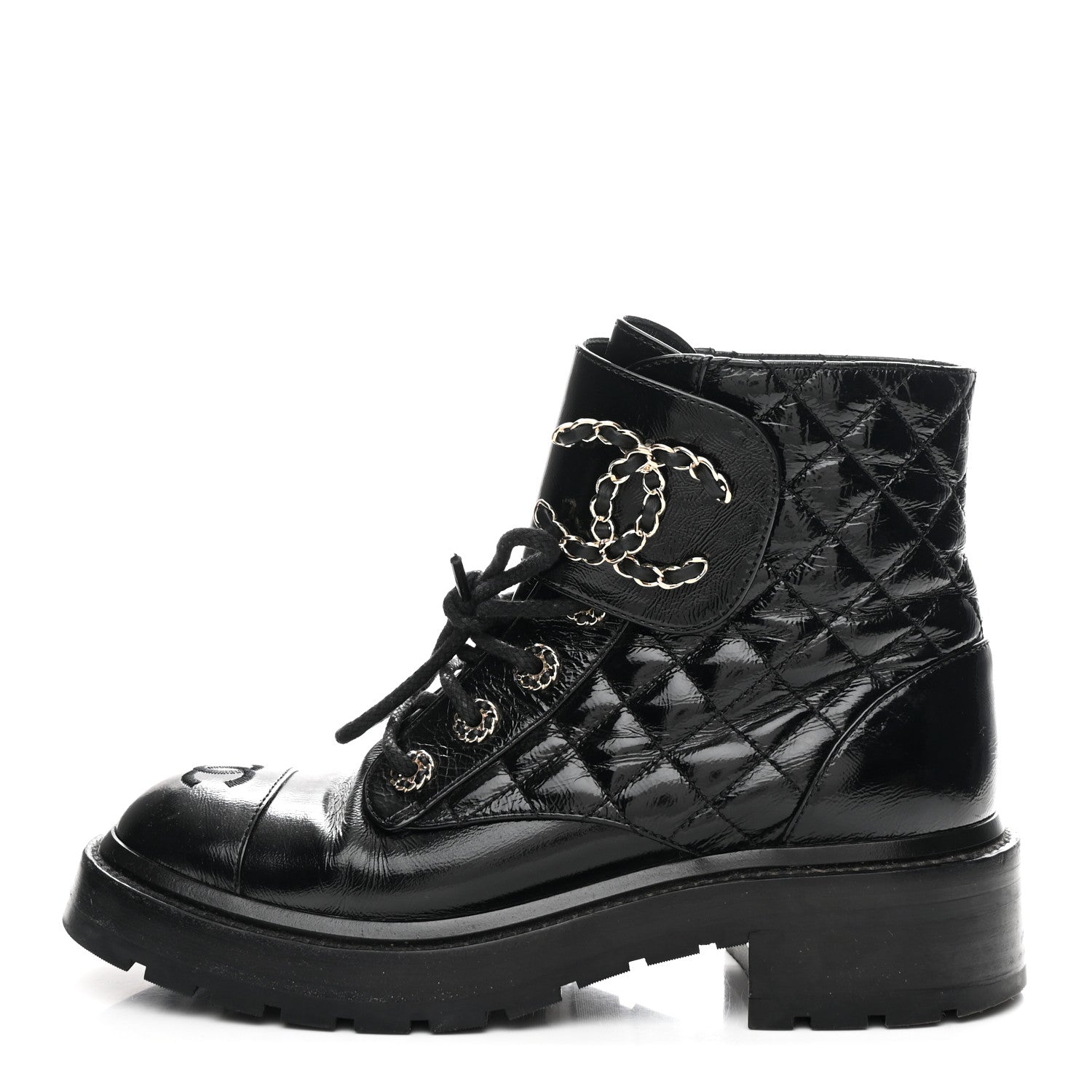 Shiny Goatskin Calfskin Quilted Lace Up Combat Boots 37 Black