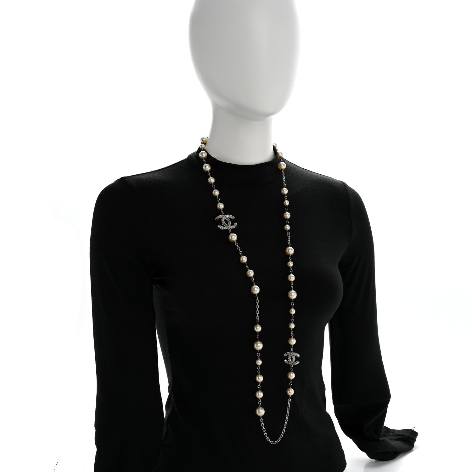 Pearl Baguette Crystal CC Long Necklace Silver
