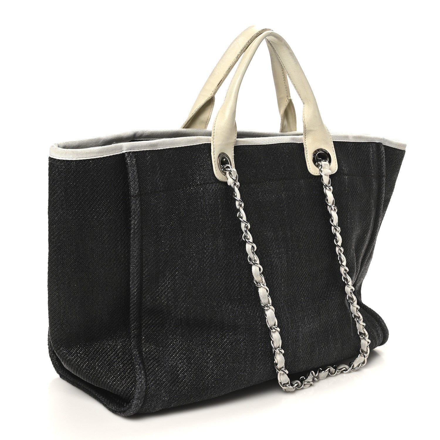 Woven Straw Raffia Large Deauville Tote Black White