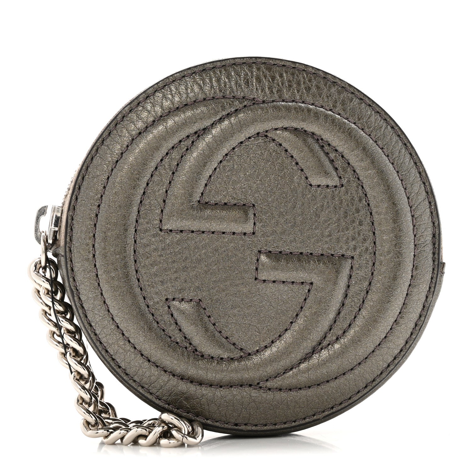 Metallic Pebbled Calfskin Round Coin Purse Sasso