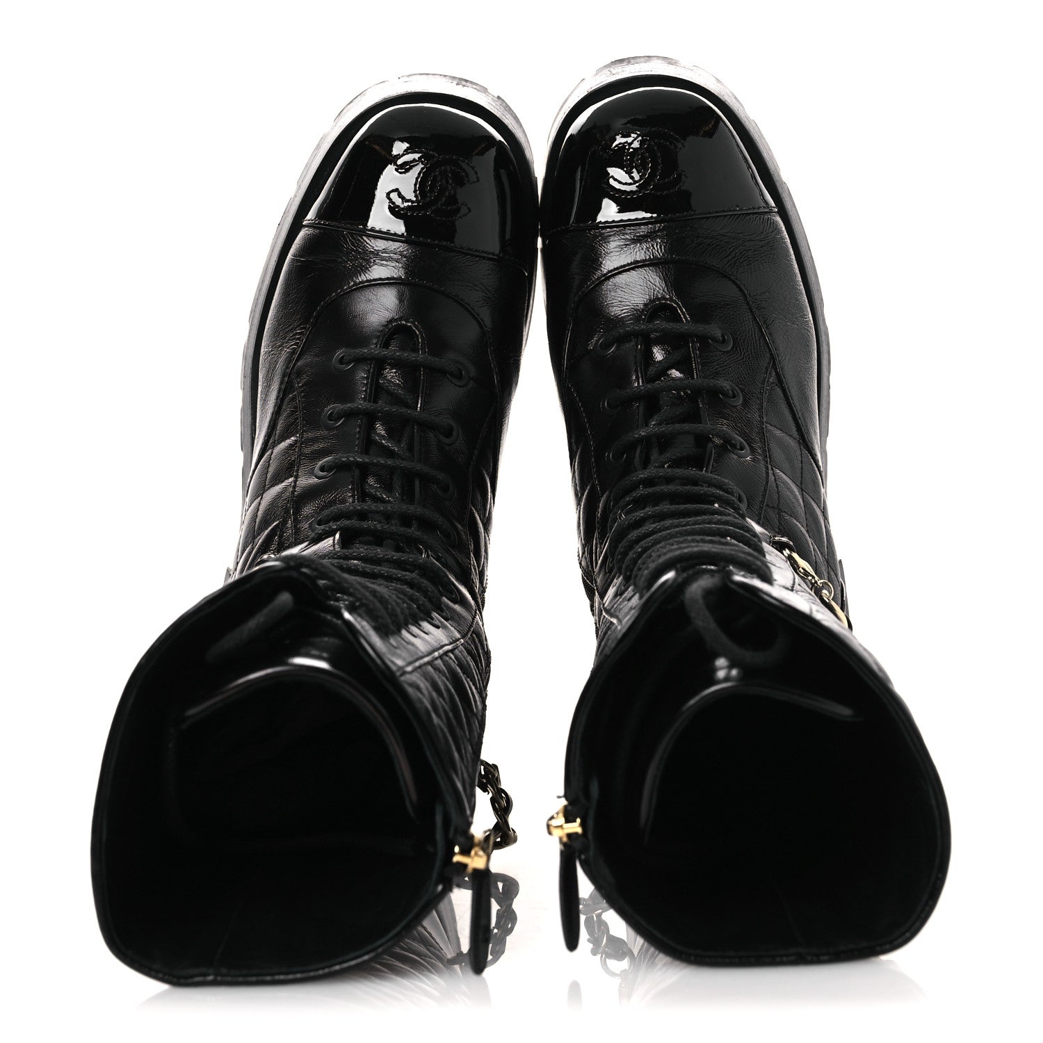 Shiny Calfskin Patent Quilted Chain Lace Up Combat Long Boots 37 Black