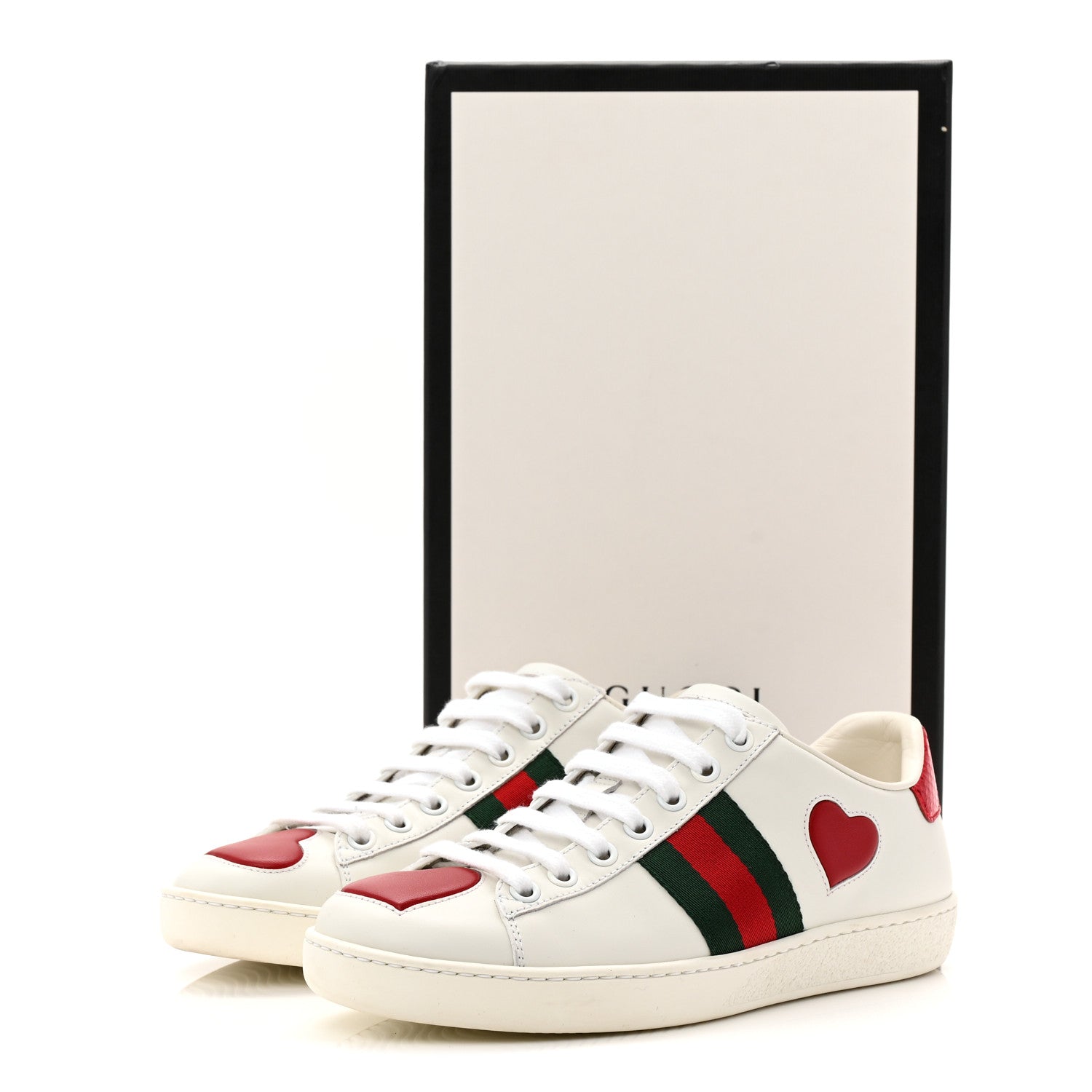 Calfskin Web Heart Embroidered Womens Ace Sneakers 35 White