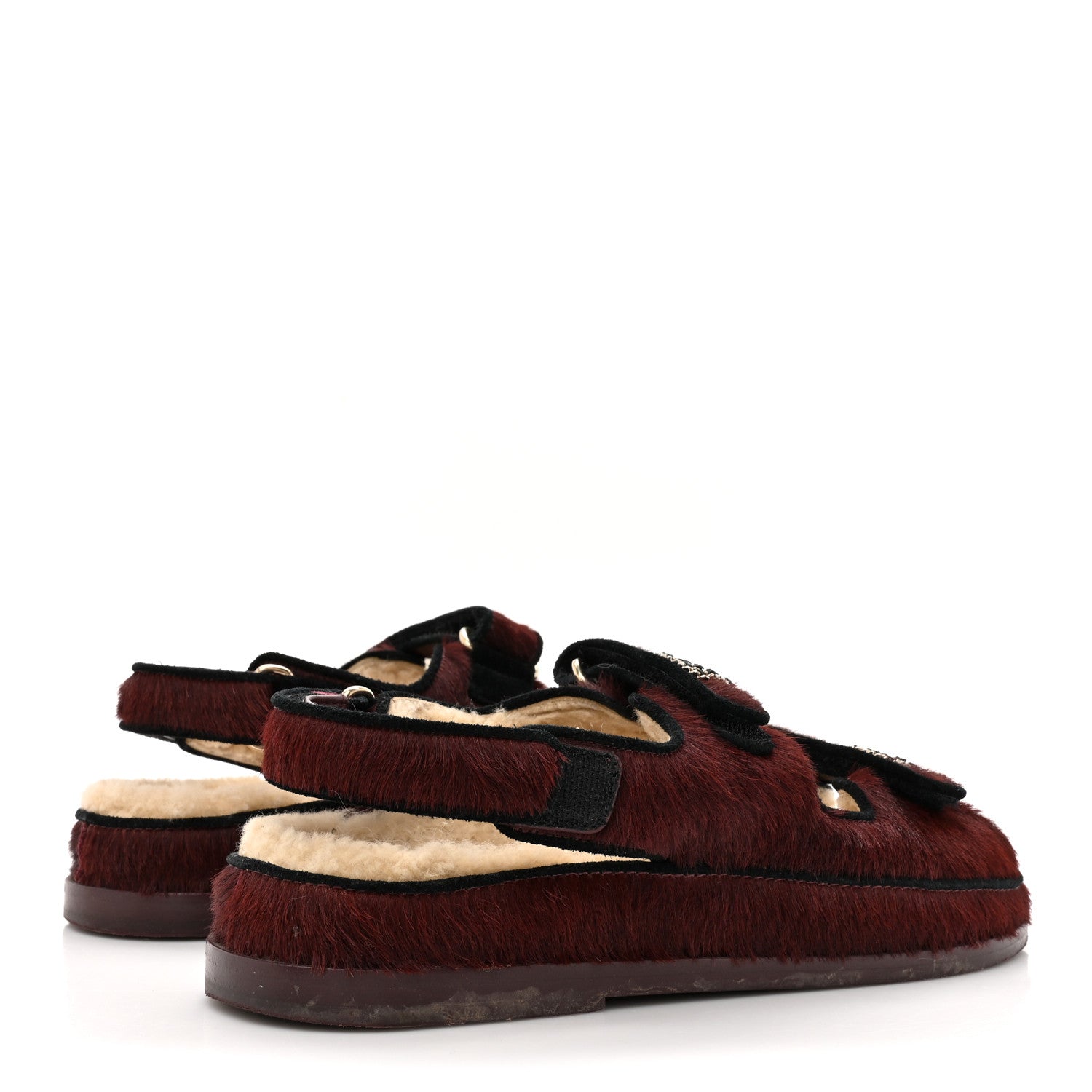 Calf Hair Suede Shearling Dad Sandals 38 Burgundy Black