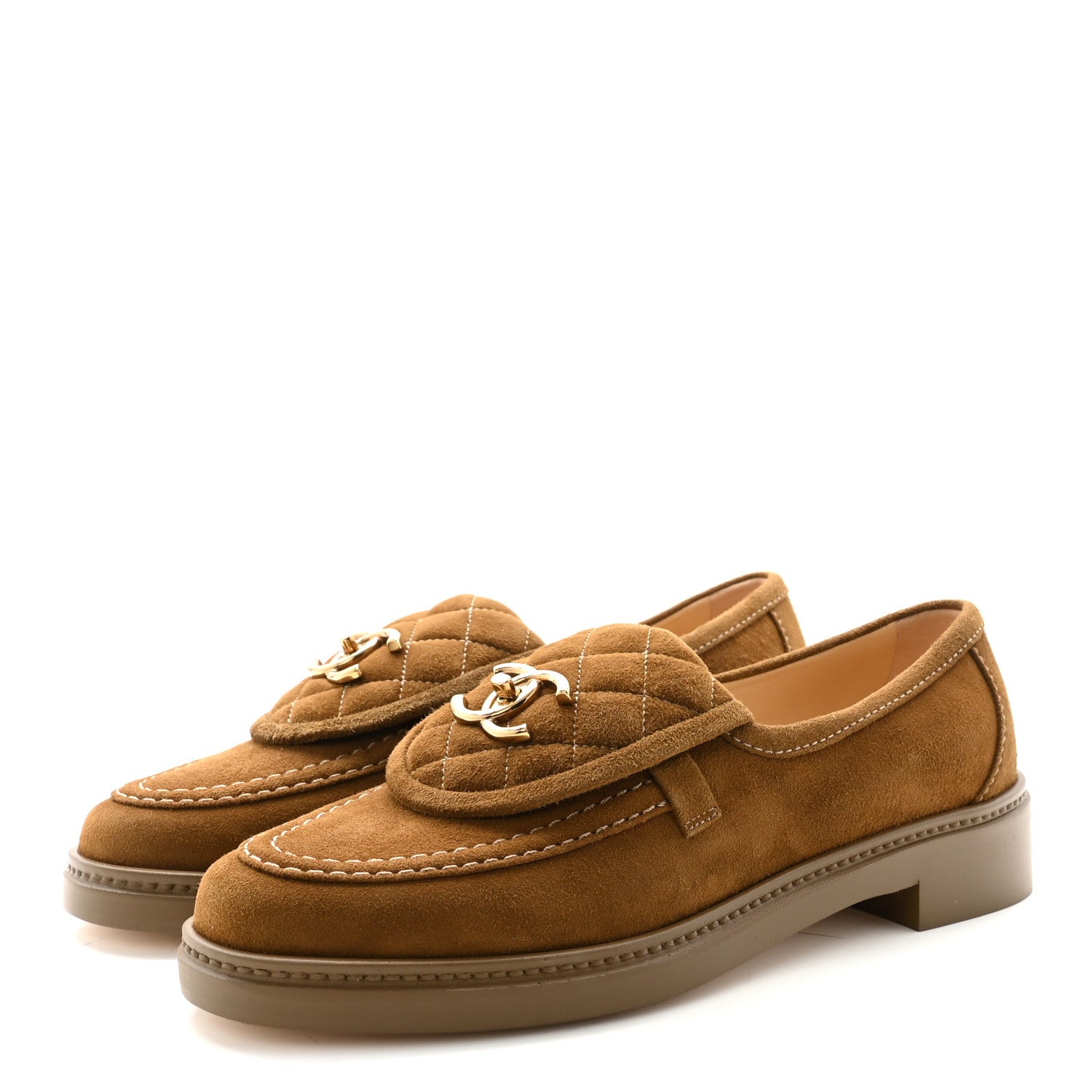 Suede Kidskin Quilted CC Turnlock Loafers 38.5 Light Brown