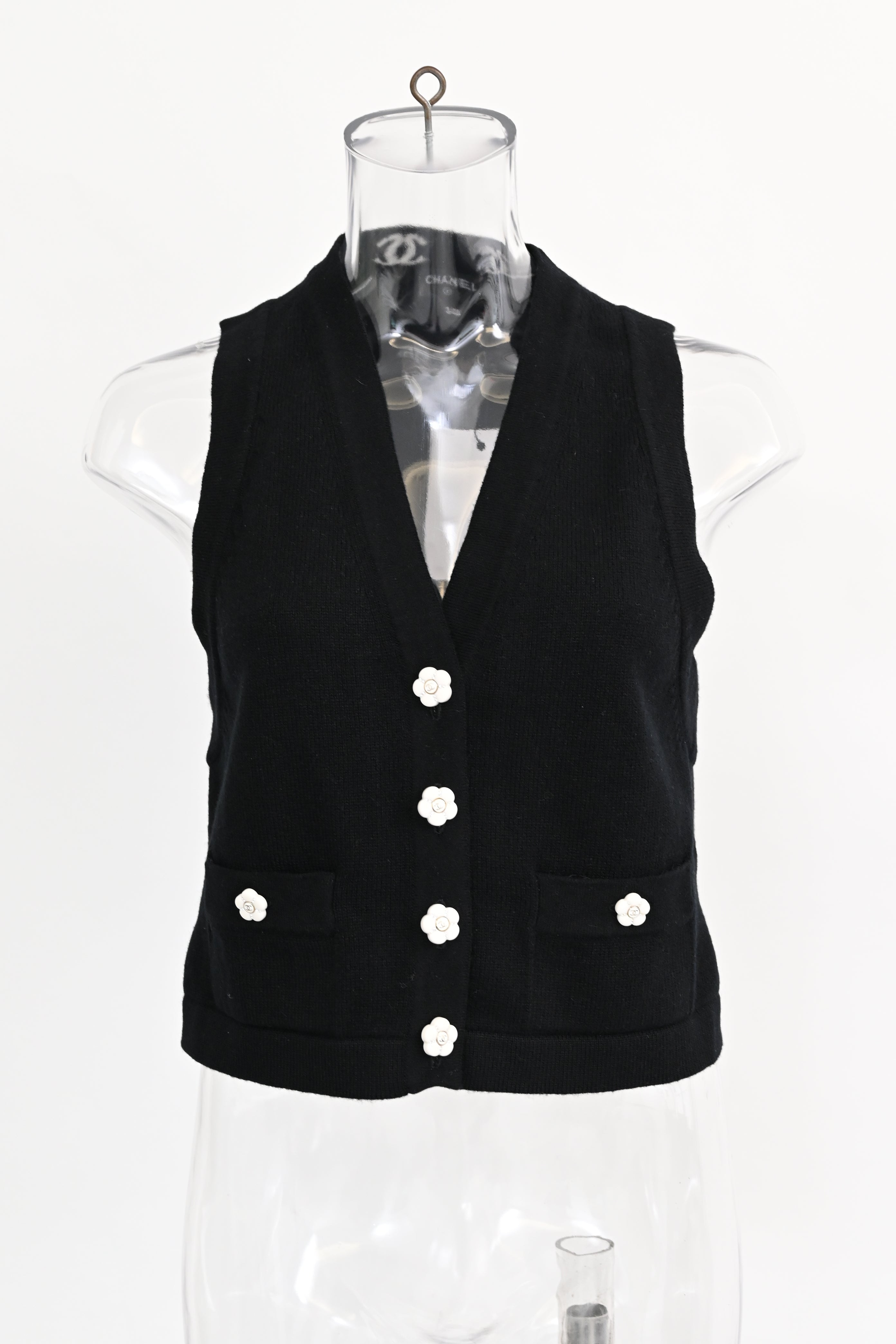 Women's Chanel Flower Button 2023 Sweater Vest in Black Cashmere