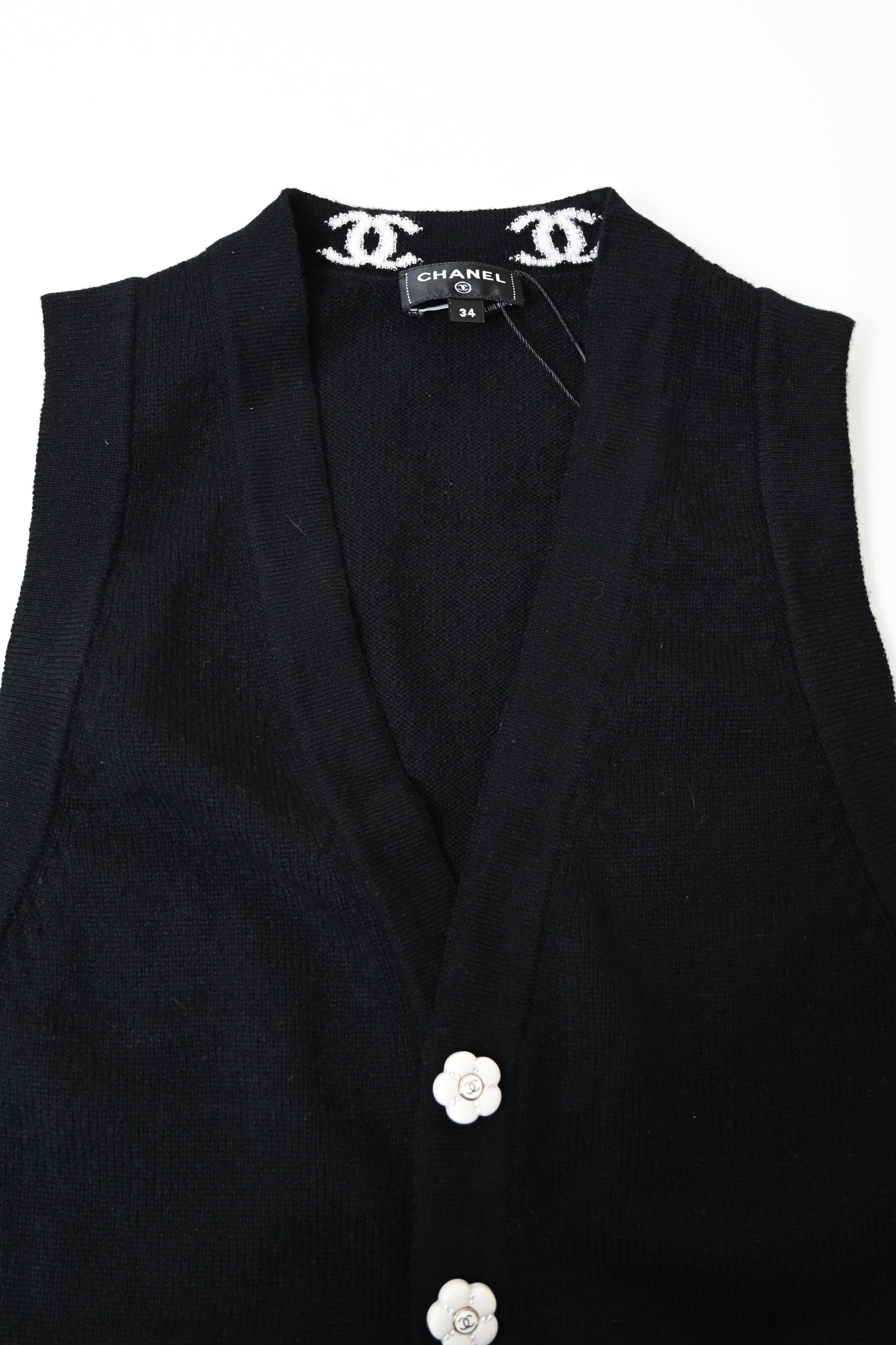 Women's Chanel Flower Button 2023 Sweater Vest in Black Cashmere