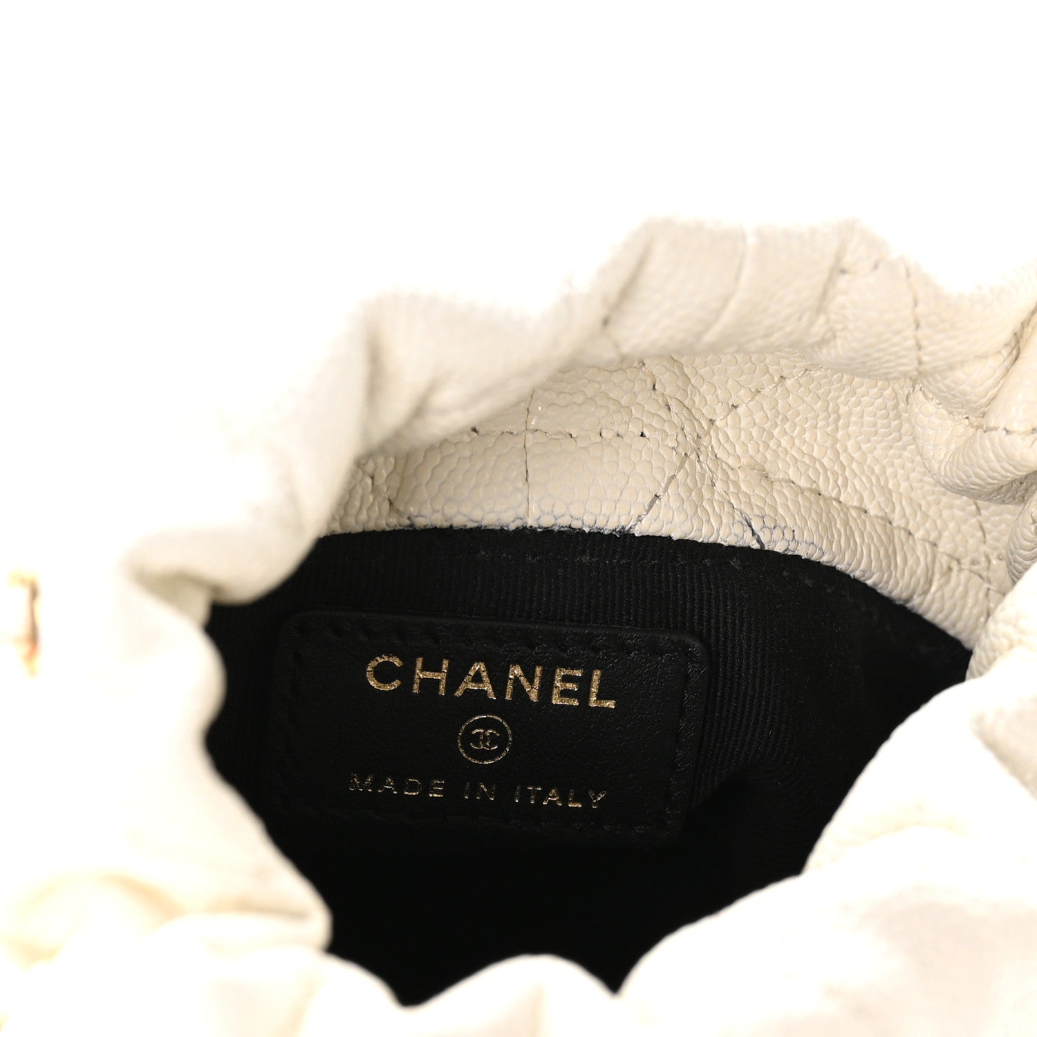 Caviar Quilted Coco First Bucket Clutch With Chain White