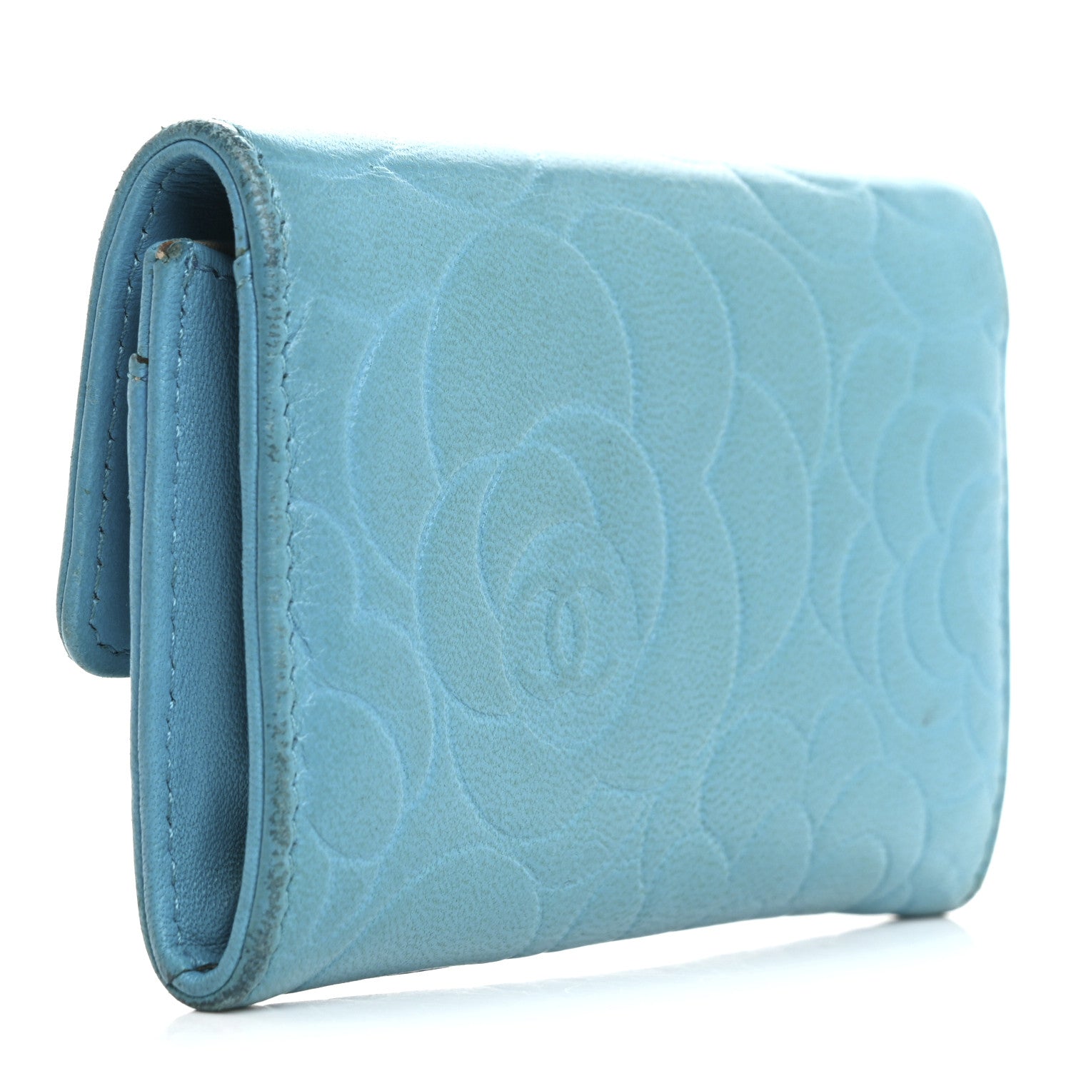 Lambskin Camellia Embossed Flap Card Holder Blue