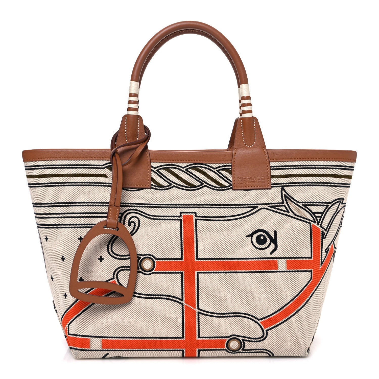 H Plume Canvas Swift Printed Quadrige au Fil Steeple 25 Bag Gris Beige Ecru Beige Gold