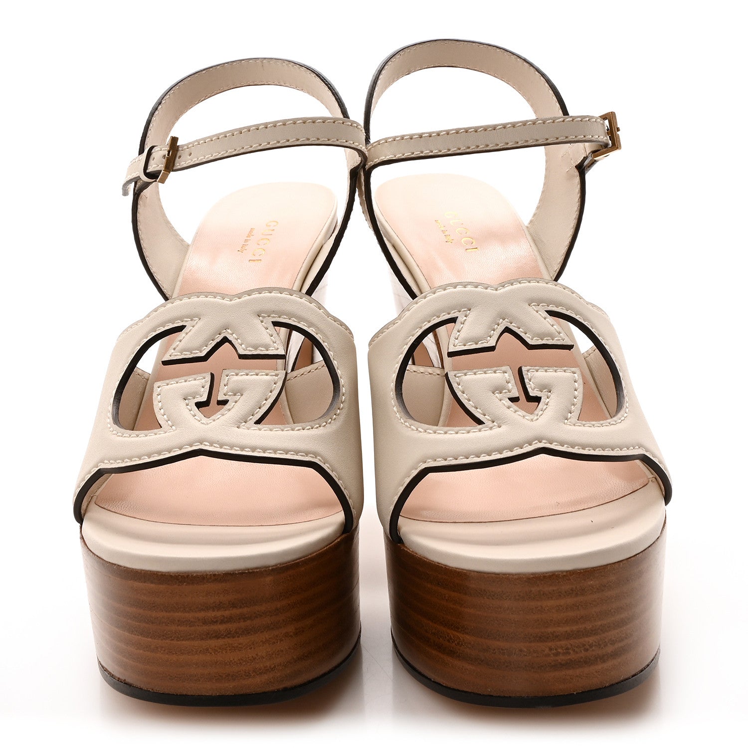Cosmos Softy Calfskin Wooden Interlocking G Cut-Out 30/120mm Platform Sandals 40 Mystic White