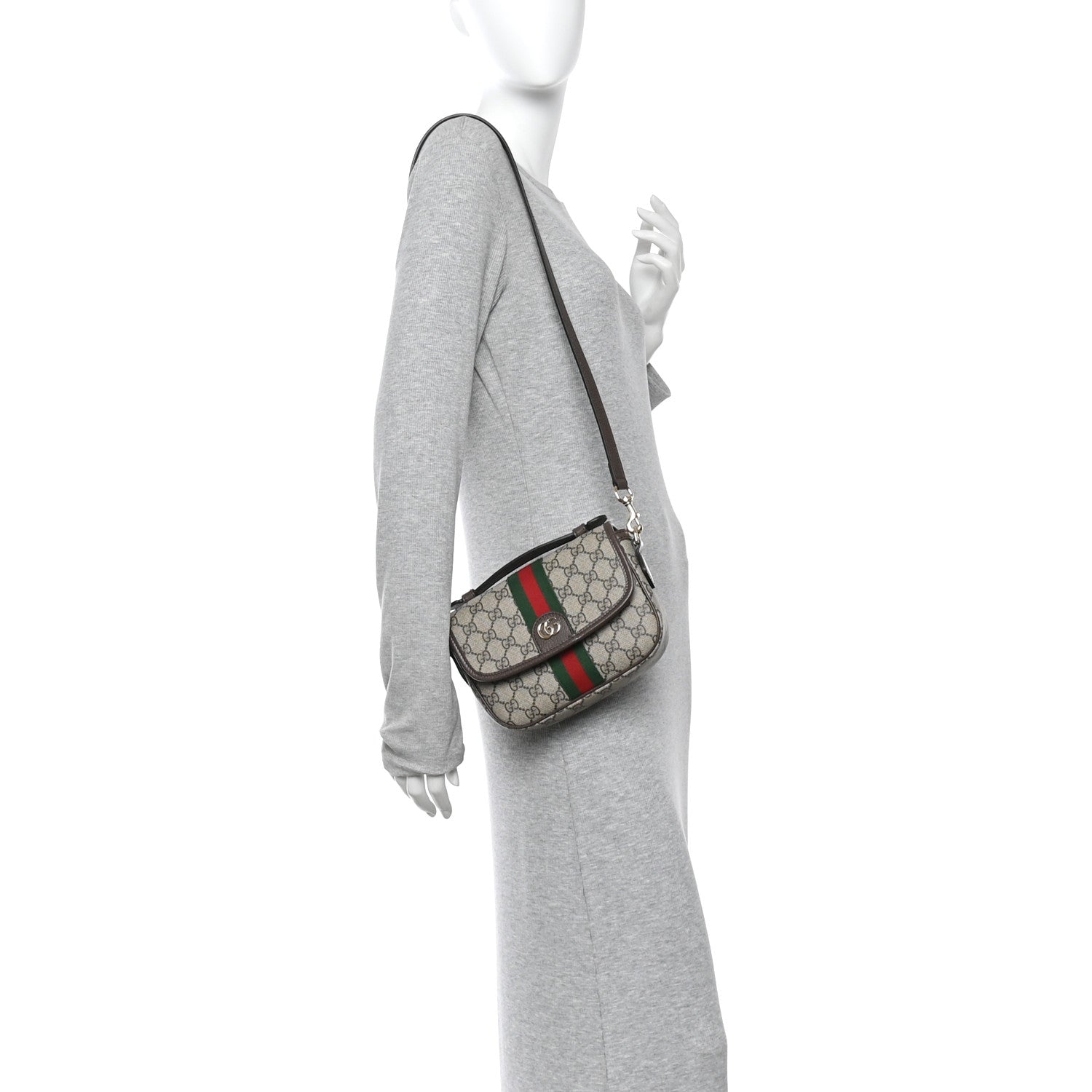 GG Supreme Monogram Textured Dollar Calfskin Small Ophidia Top Handle Shoulder Bag Beige Brown