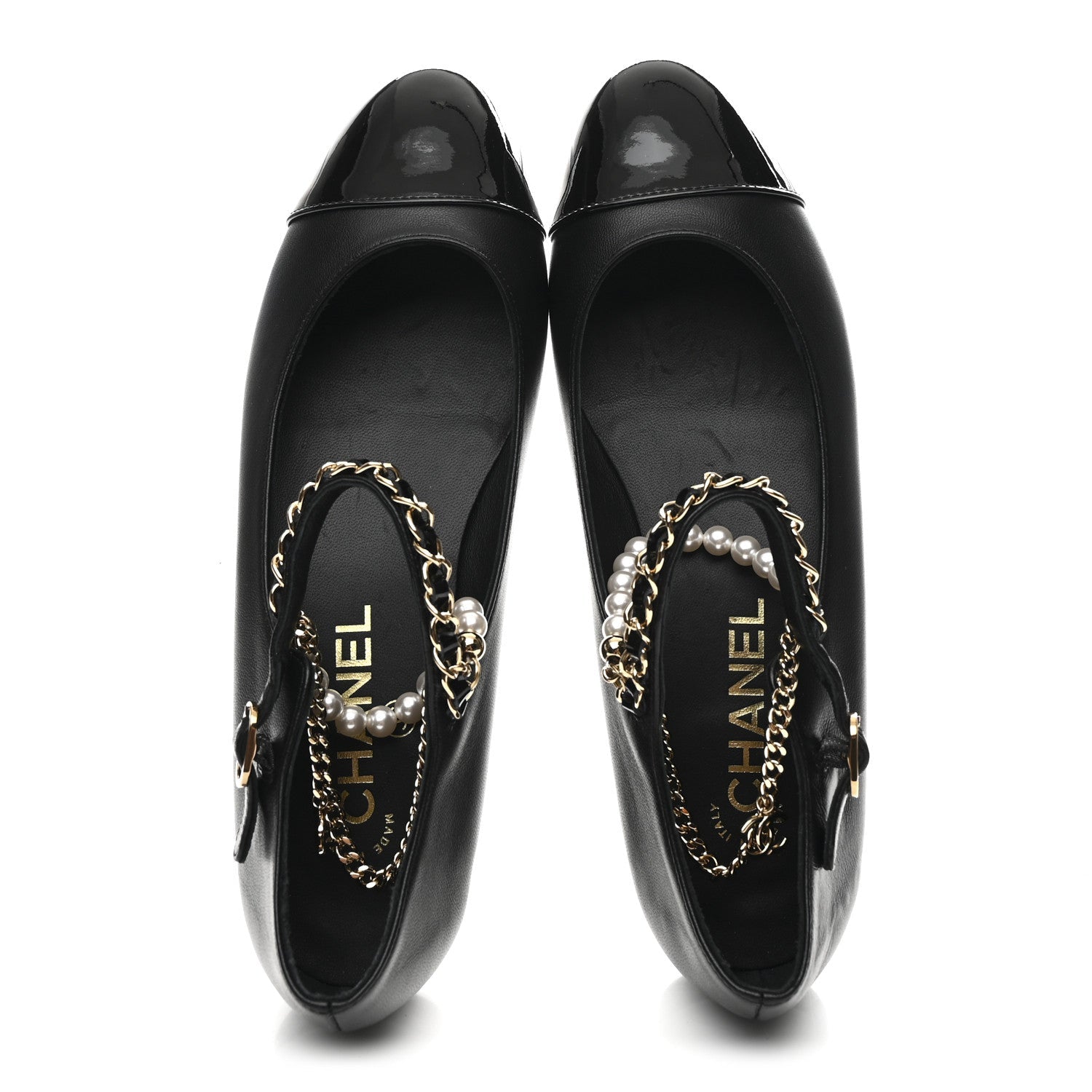 Shiny Lambskin Pearl Cap Toe Ankle Chain Ballerina Flats 37 Black