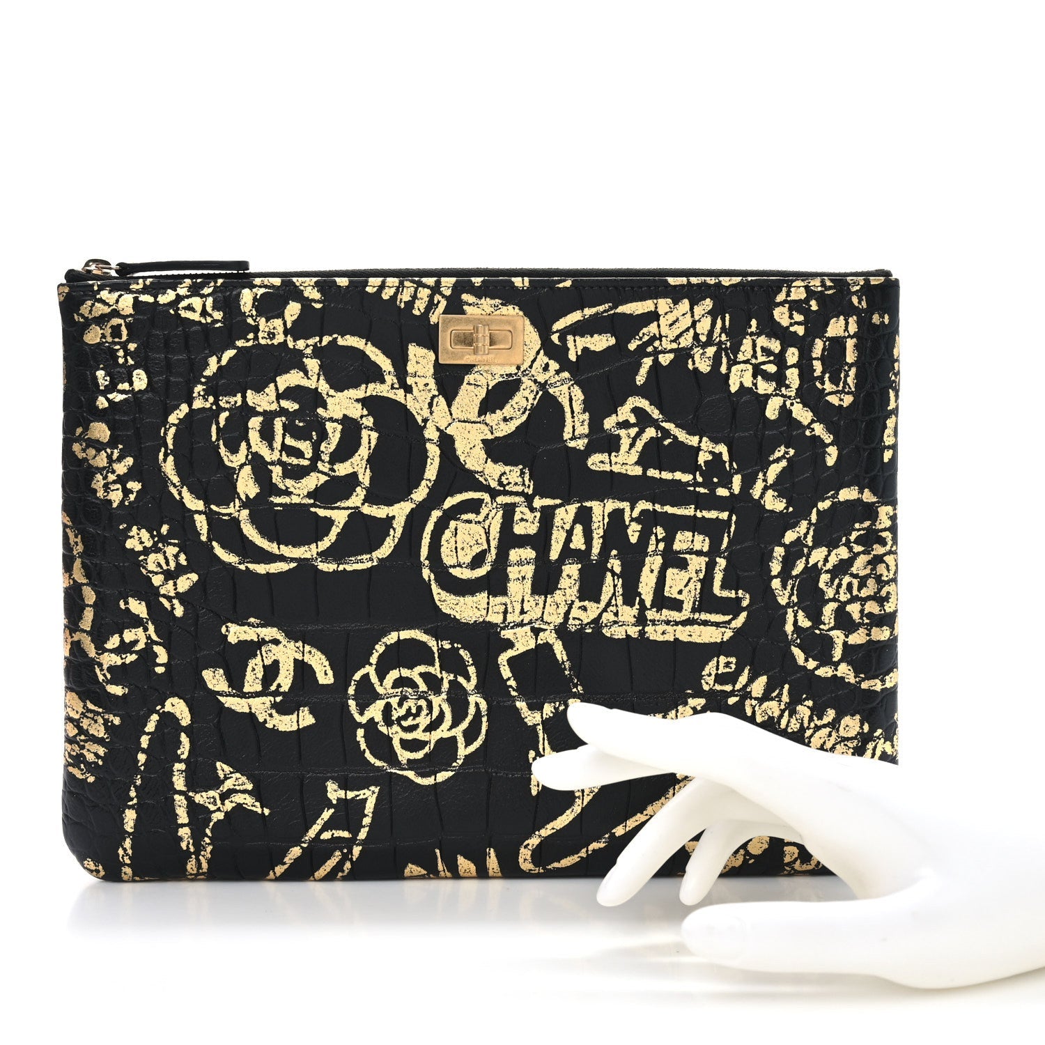 Calfskin Crocodile Embossed Graffiti 2.55 Medium Cocodile Reissue Cosmetic Case Black Gold