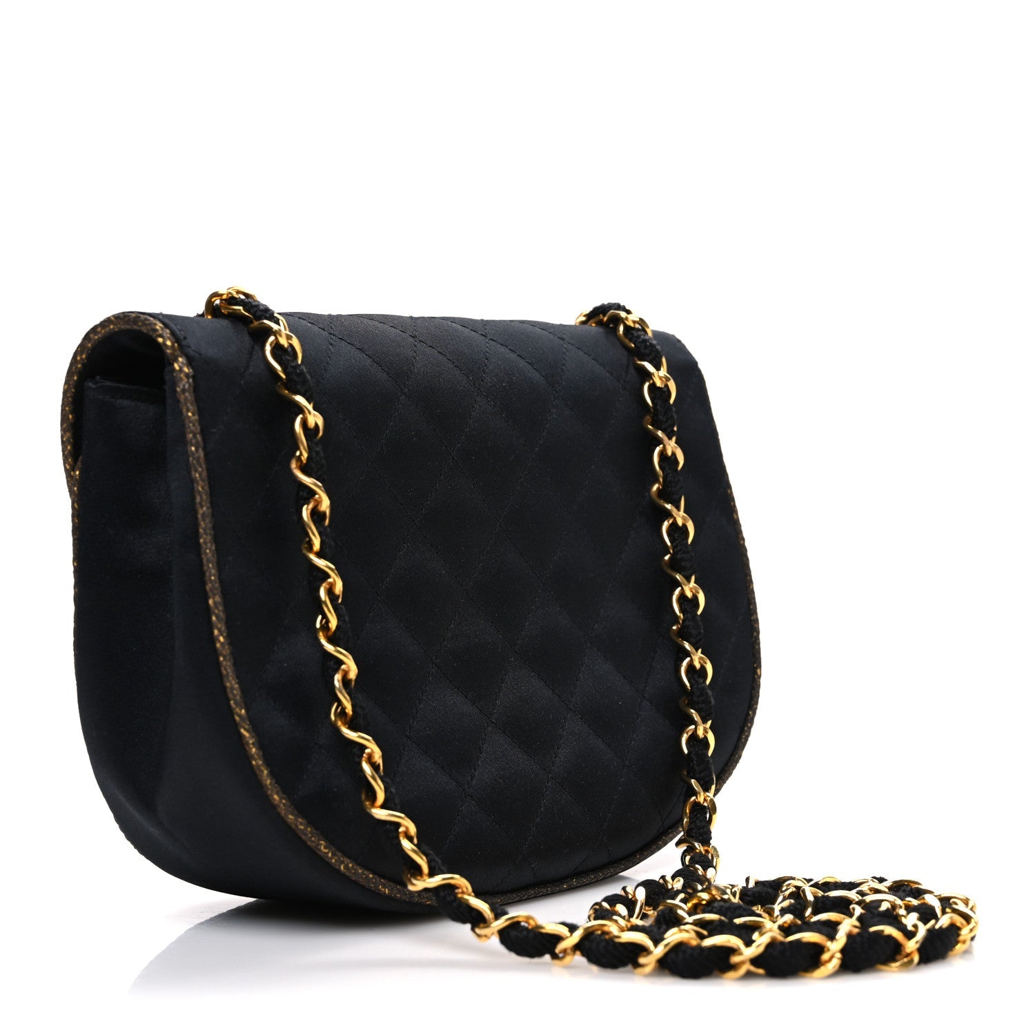Satin Quilted Flap Shoulder Bag Black Gold