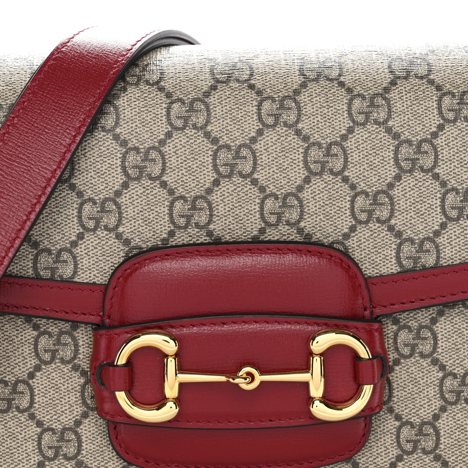 GG Supreme Monogram Azalea Calfskin Horsebit 1955 Shoulder Bag Beige Ebony New Cherry Red