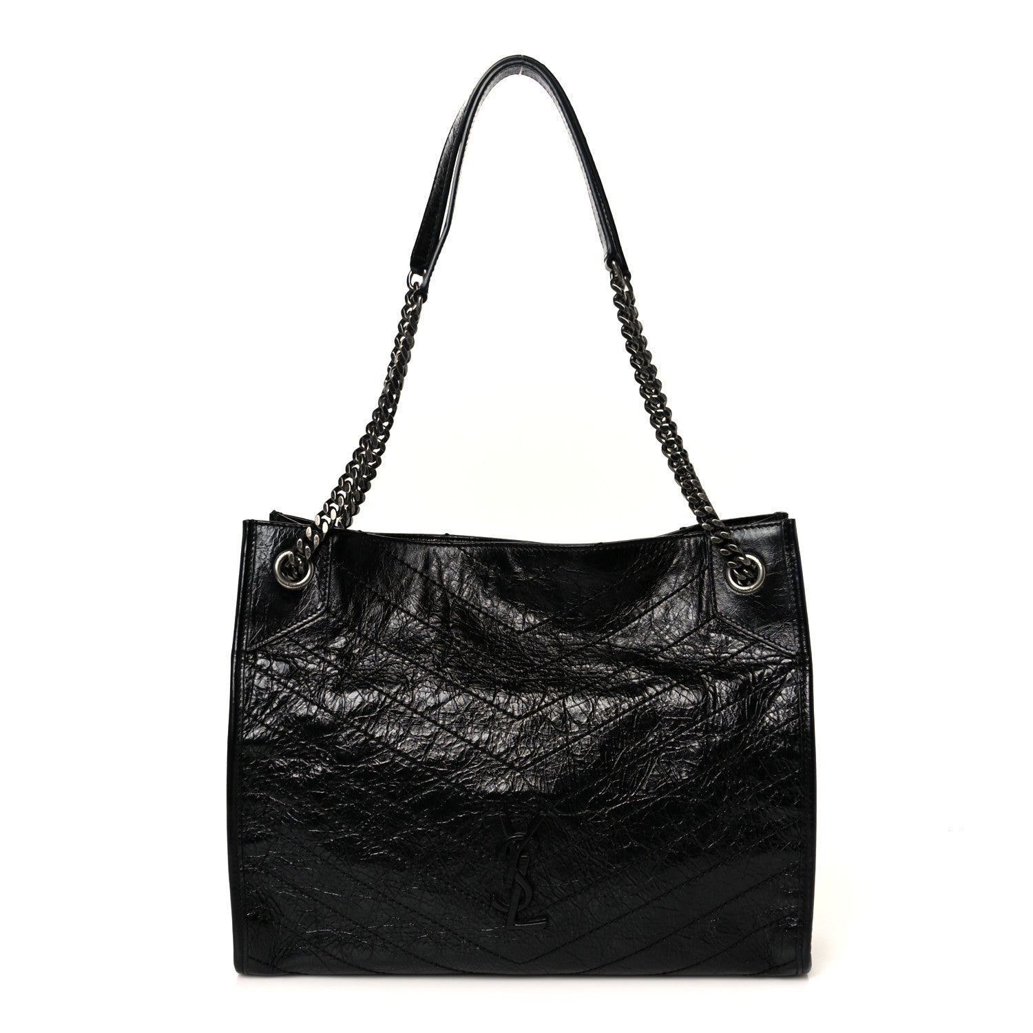 Crinkled Calfskin Matelasse Monogram Medium Niki Shopper Tote Black