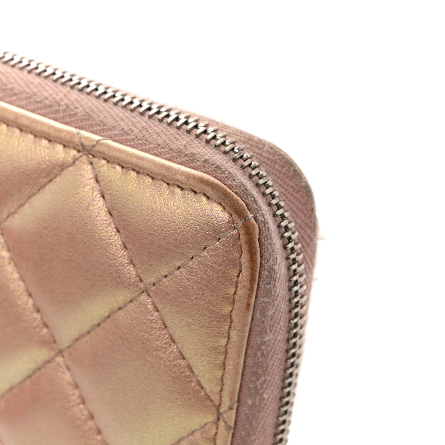 Iridescent Lambskin Quilted Large Gusset Zip Around Wallet Pink