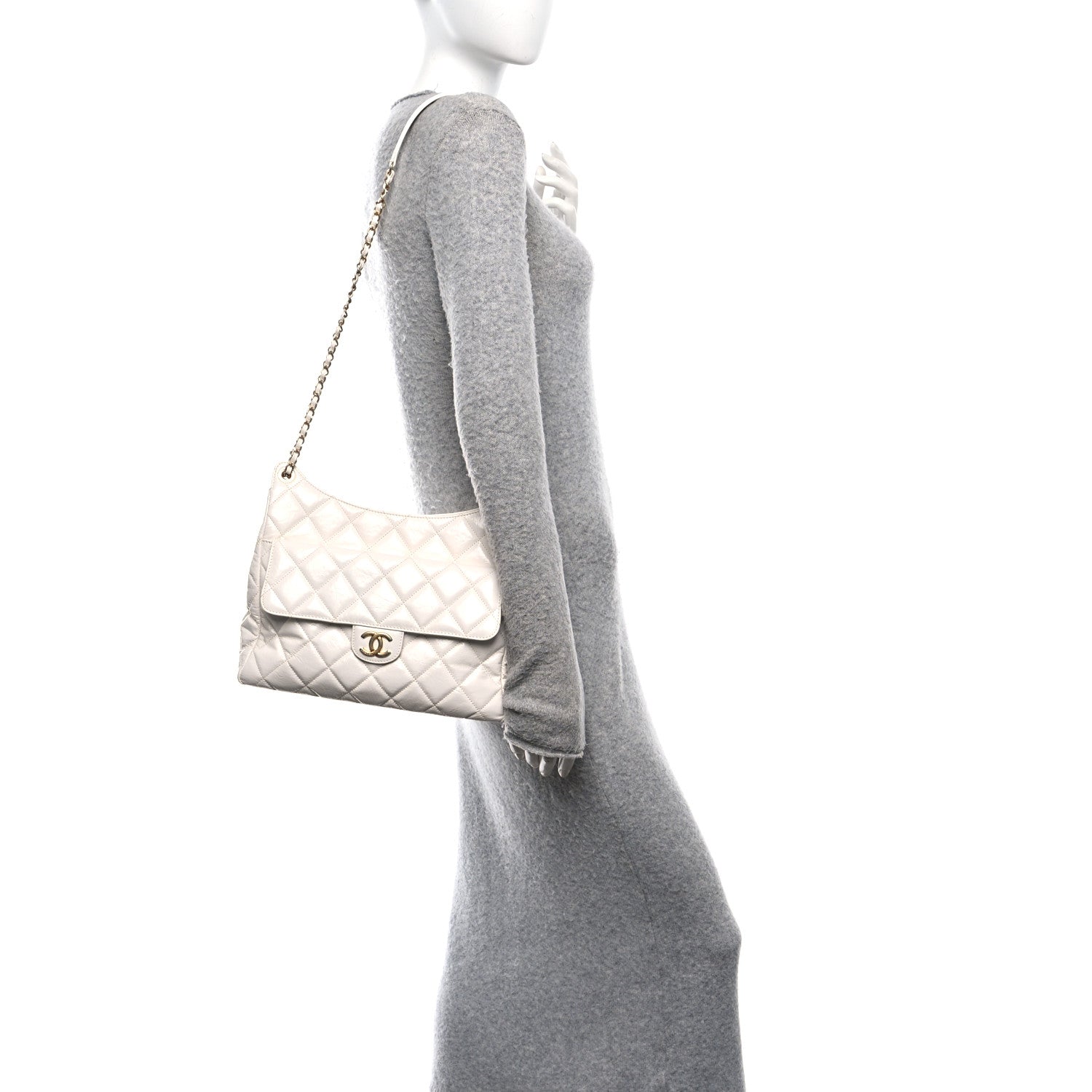 Shiny Crumpled Calfskin Quilted Large Wavy CC Hobo White