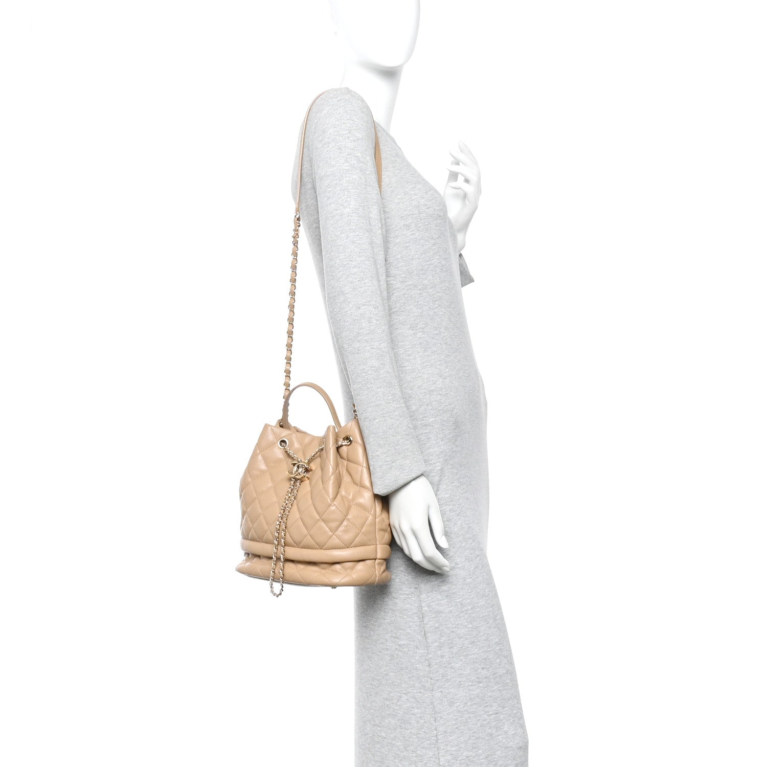 Caviar Quilted Large Rolled Up Bucket Drawstring Bag Beige