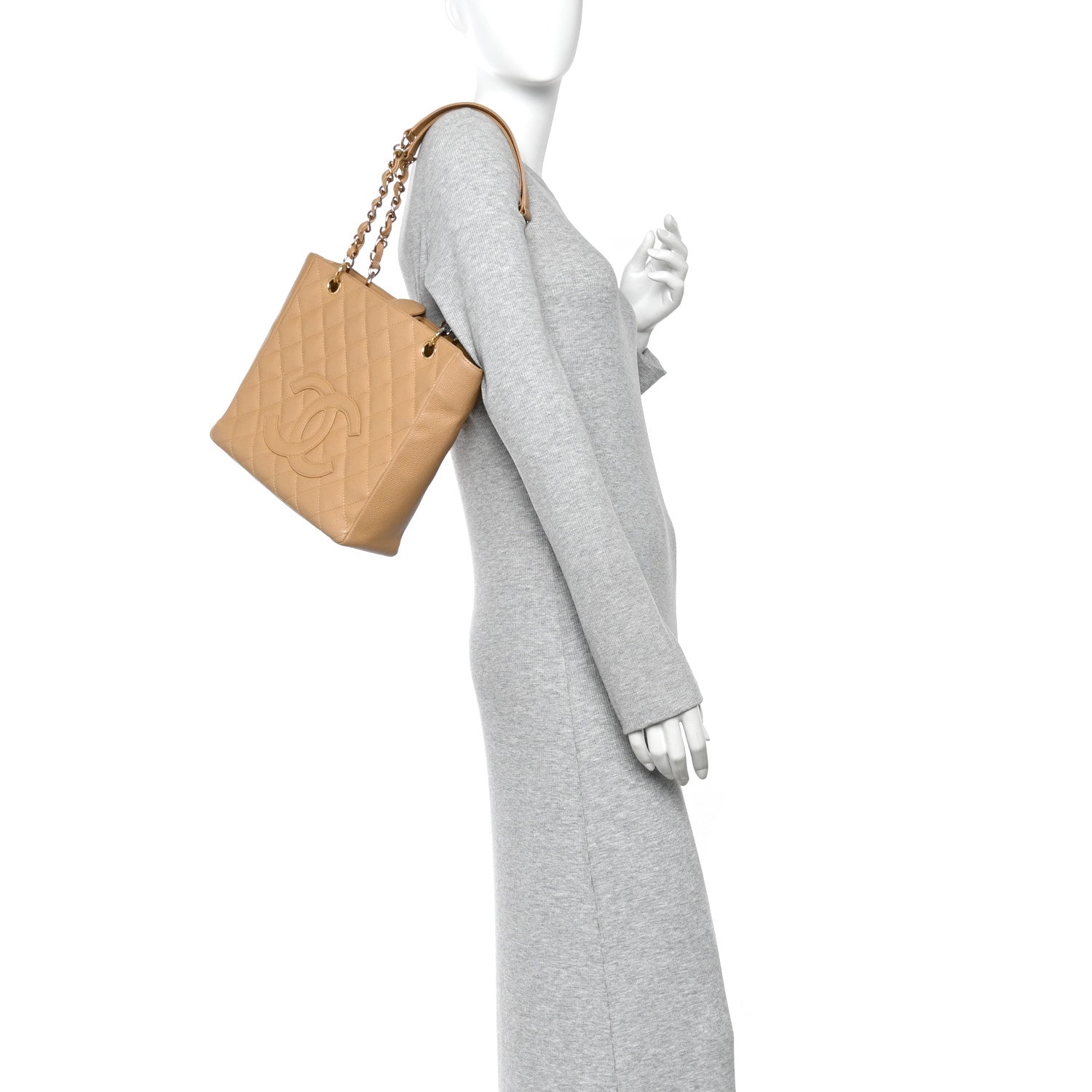 Caviar Quilted Petit Shopping Tote PST Dark Beige