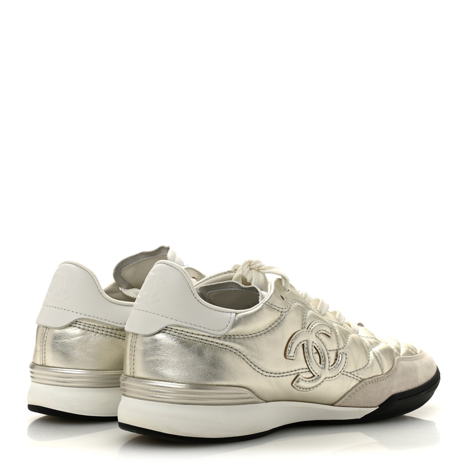 Laminated Calfskin Suede Quilted Womens CC Sneakers 39 Silver White Gray