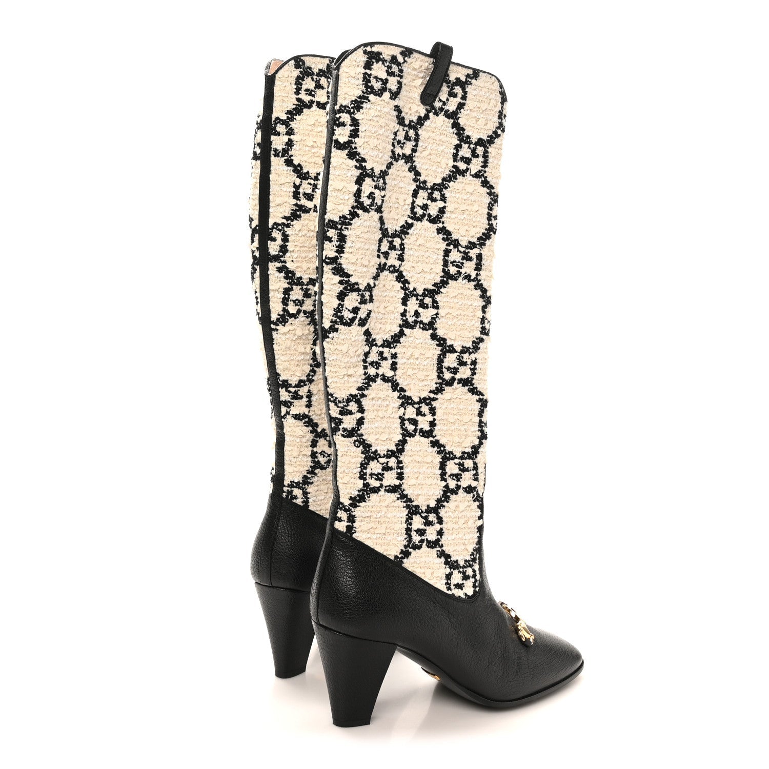 Tweed GG Monogram Wrinkled Kid Zumi Knee Boots 39.5 Natural Black