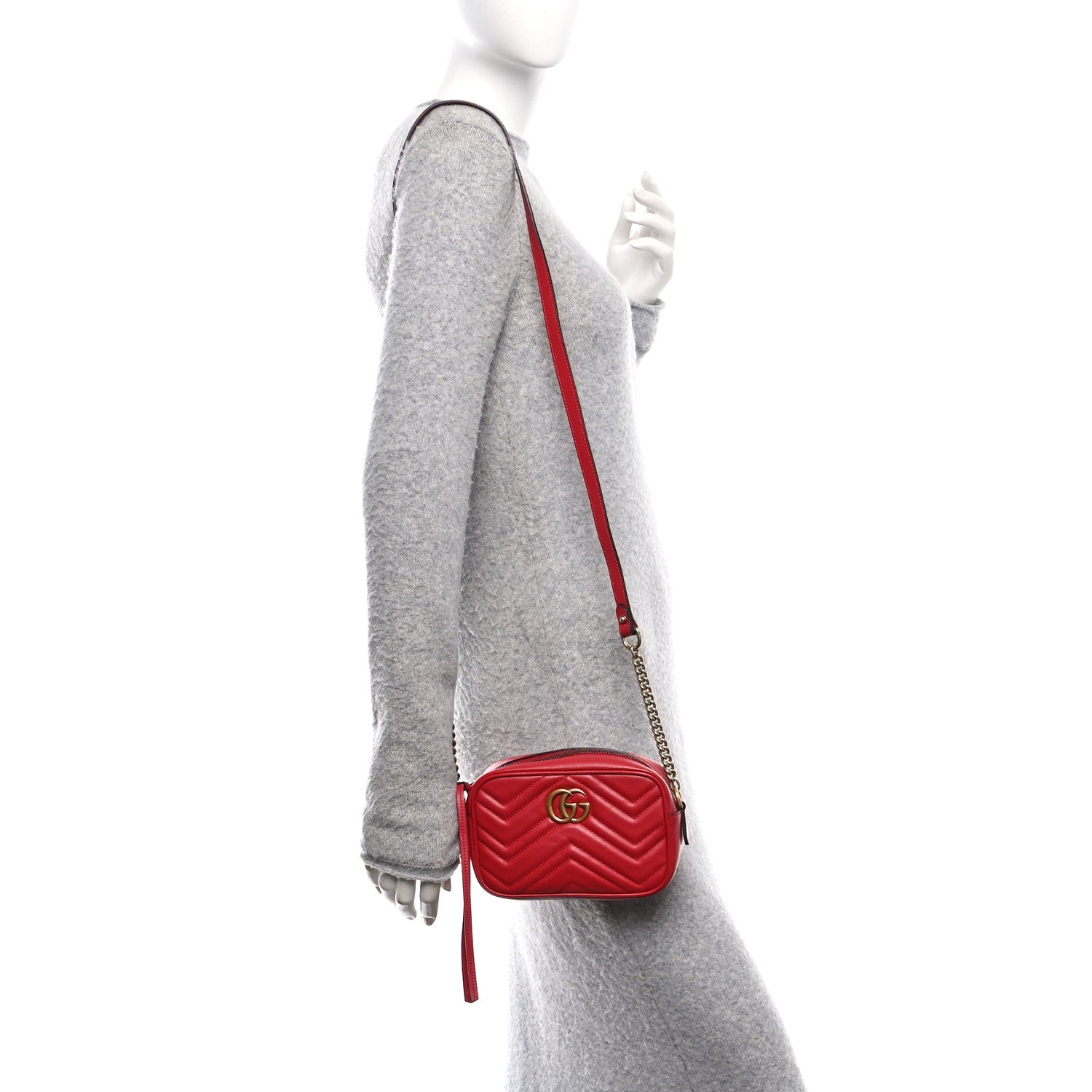 Calfskin Matelasse Mini GG Marmont Chain Shoulder Bag Hibiscus Red