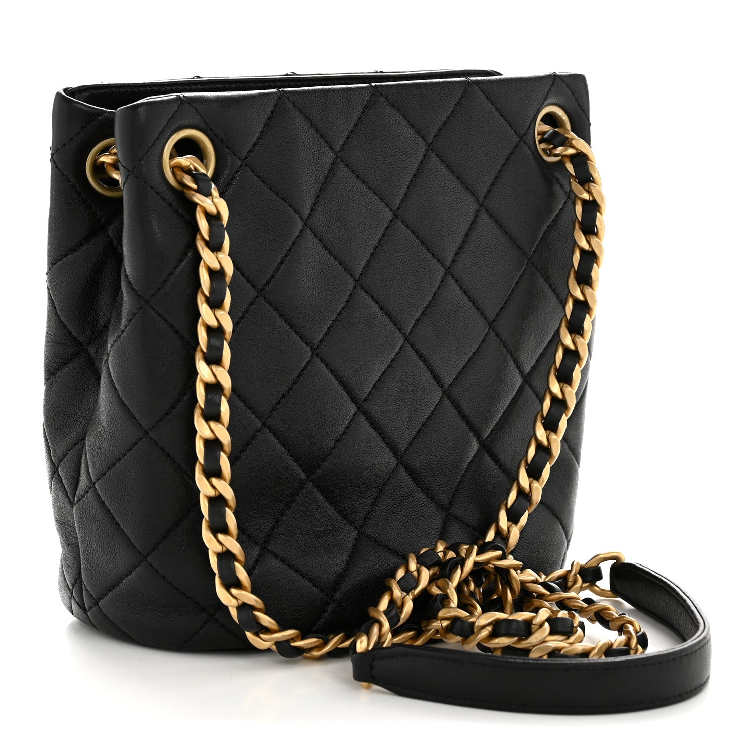 Lambskin Quilted Chaine Lettre Small Bucket Bag Black