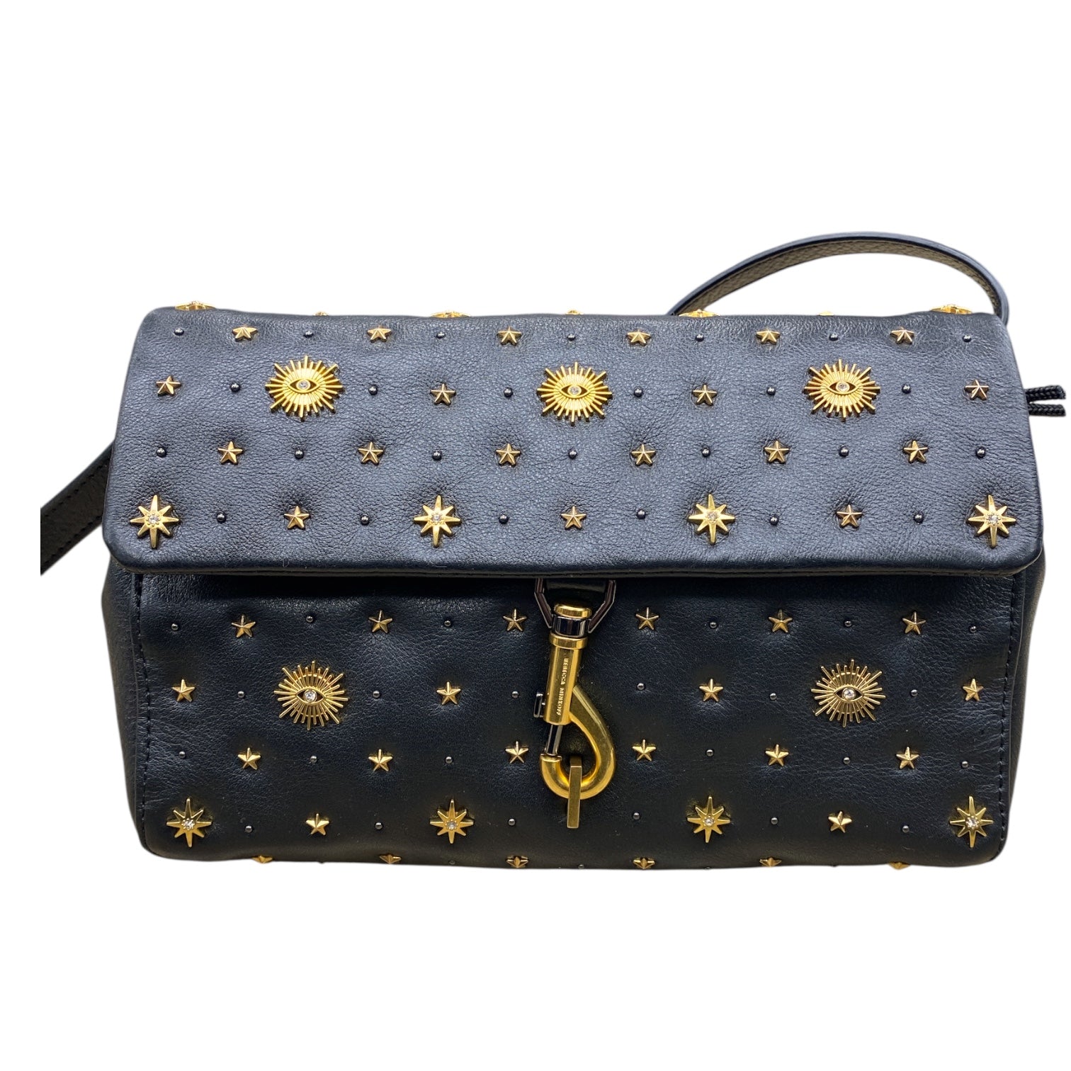 Handbag Designer By Rebecca Minkoff In Black & Gold, Size:Medium