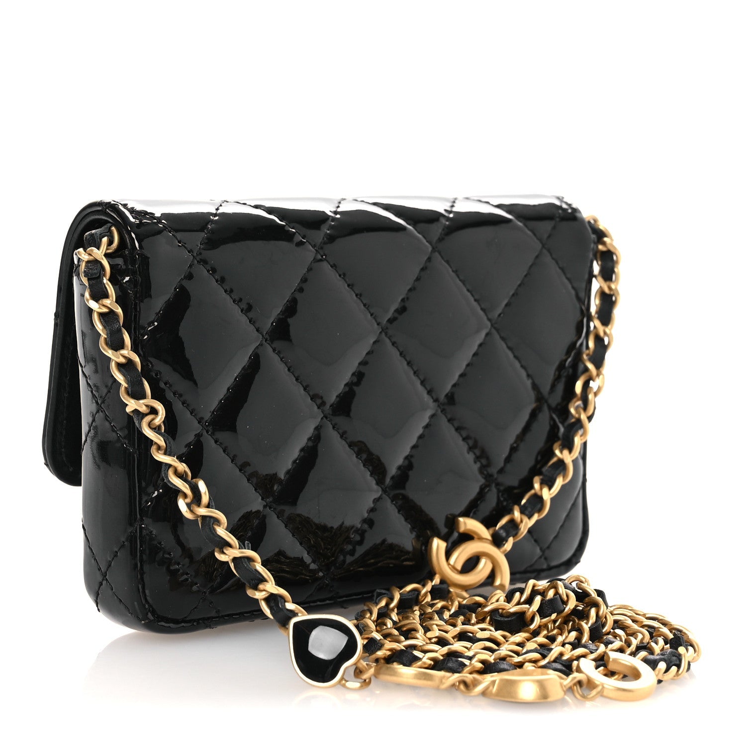 Patent Enamel Quilted Coco Hearts Clutch With Chain Black