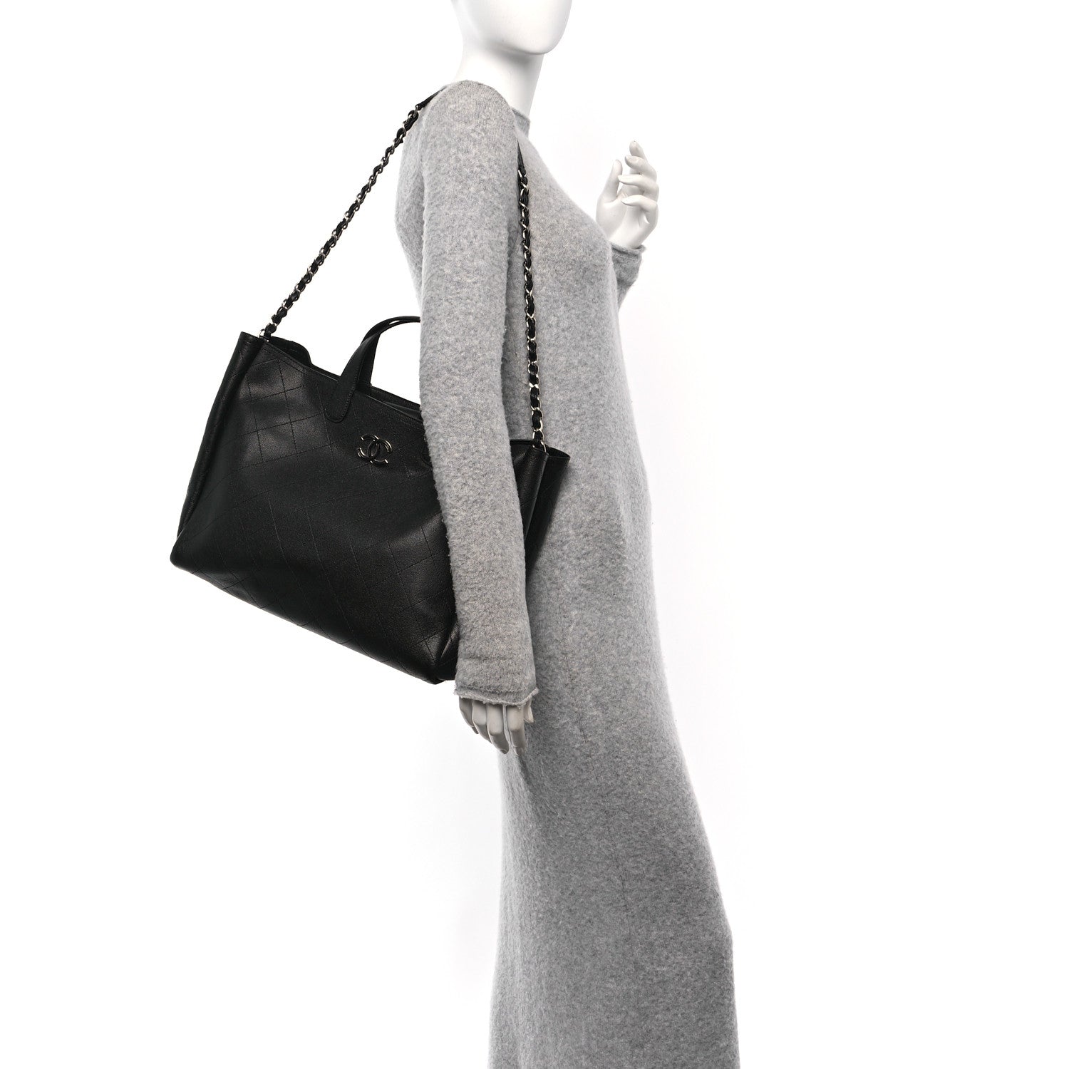 Caviar Stitched Large Lady Coco Shopping Tote Black