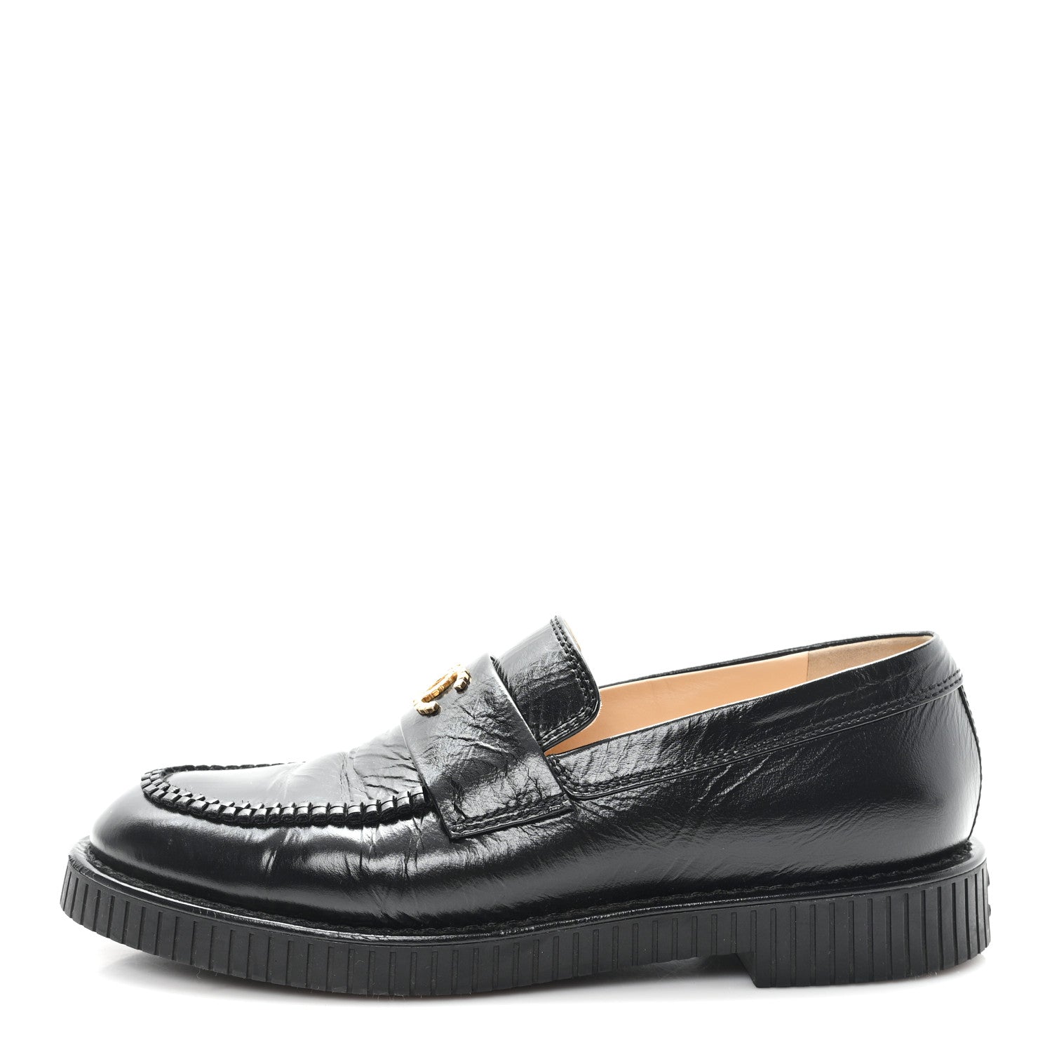 Shiny Crumpled Calfskin CC Mocassin Loafers 38.5 Black