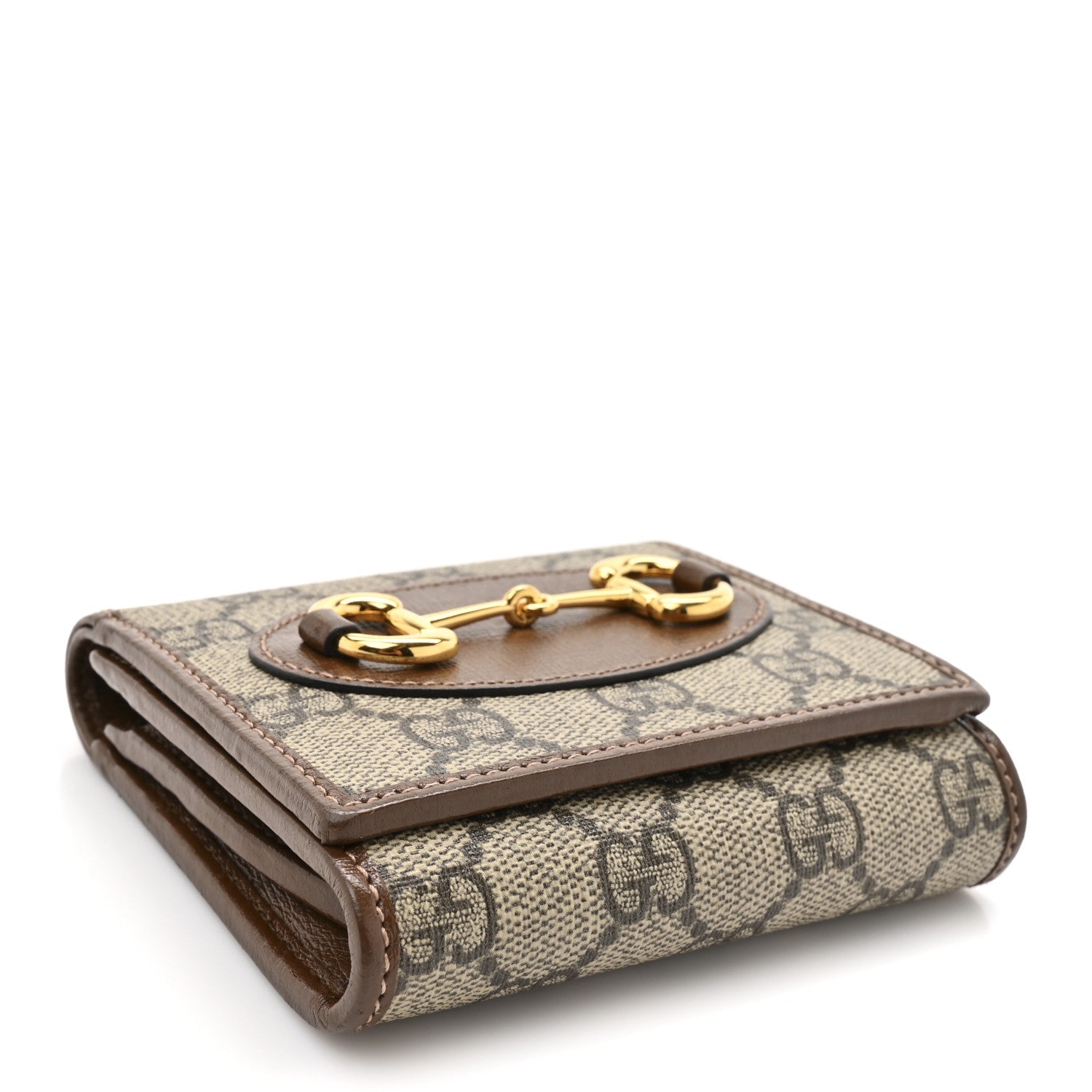 GG Supreme Monogram Azalea Calfskin Horsebit 1955 Flap Card Case Wallet Beige Ebony Brown Sugar