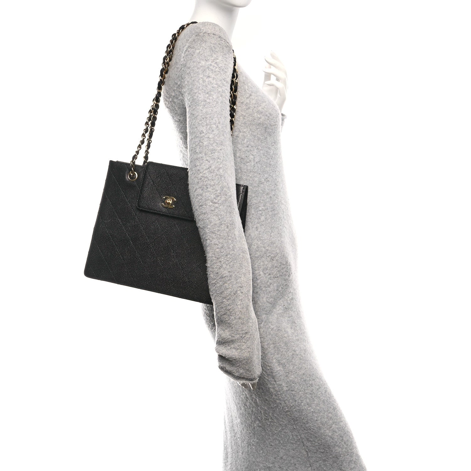 Caviar Quilted Flap Shopping Tote Black